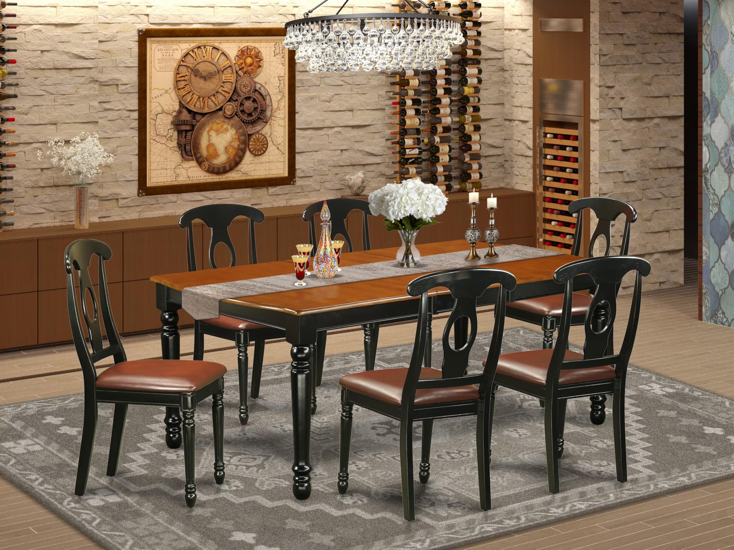 East West Furniture Doke7-Bch-Lc 7 Piece Dining Room Furniture Set Consist Of A Rectangle Wooden Table With Butterfly Leaf And 6 Faux Leather Upholstered Chairs, 42X78 Inch, Black & Cherry