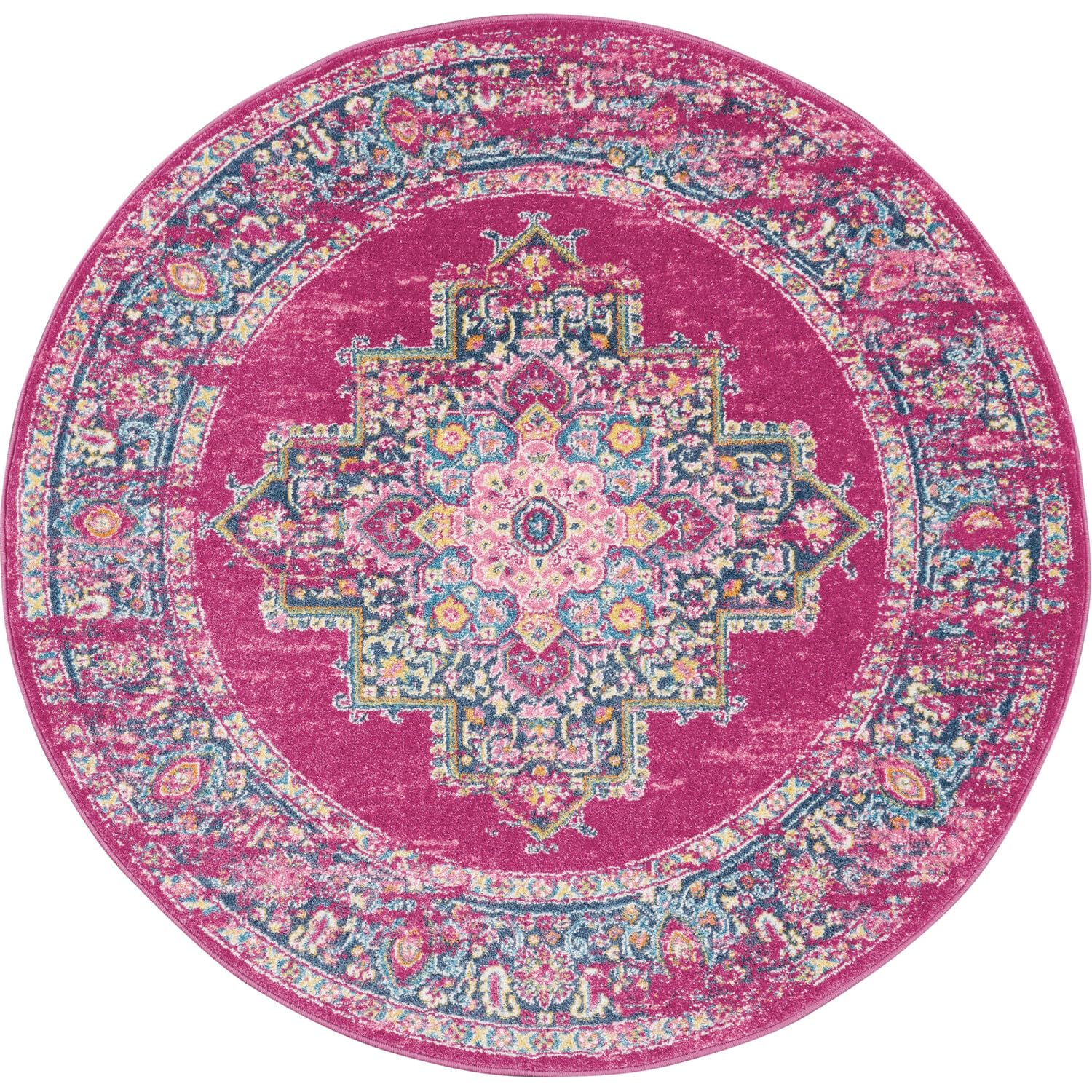 Nourison Passion Fuchsia 8 x Round Area-Rug, Boho, Traditional, Easy-Cleaning, Non Shedding, Bed Room, Living Room, Hallway, (8