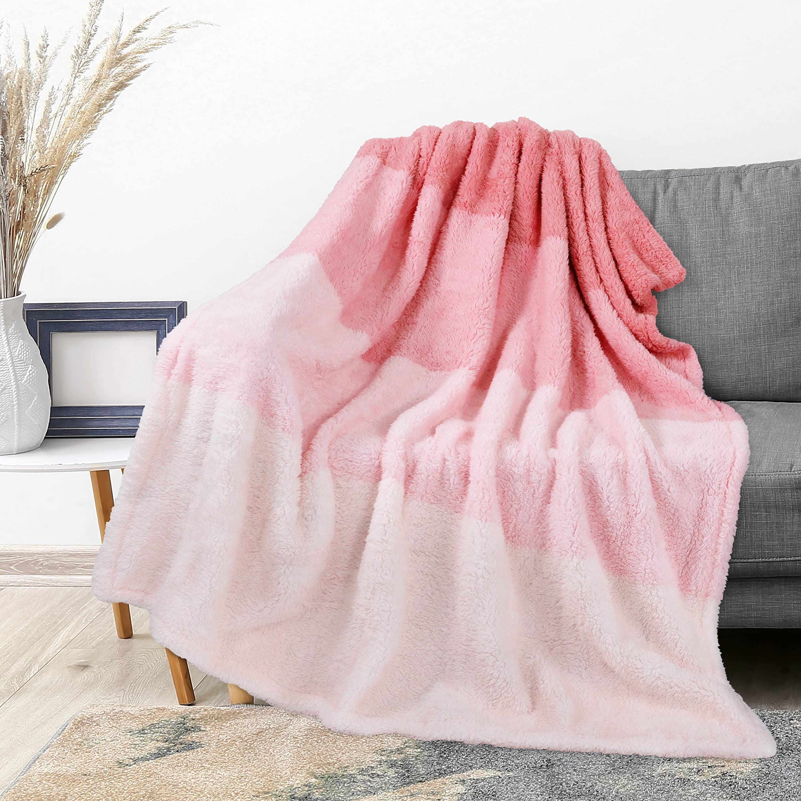 Pavilia Fluffy Sherpa Throw Blanket Ombre | Gradient Plush, Soft, Fuzzy, Decorative Accent Throw Blanket For Couch Sofa Twin Bed