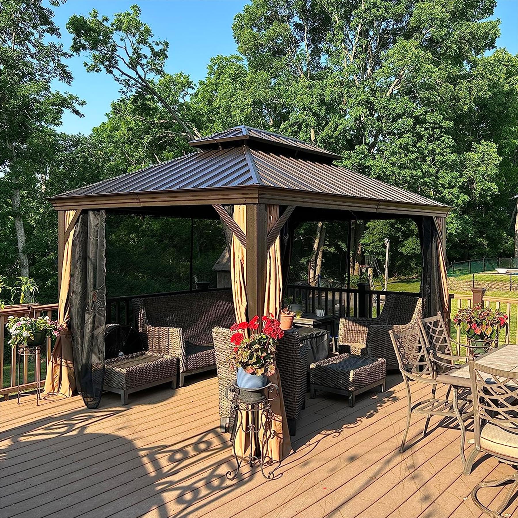 12' X 14' Hardtop Gazebo Outdoor Aluminum Gazebos With Galvanized Steel Double Canopy For Patios Deck Backyard,Curtains&Netting