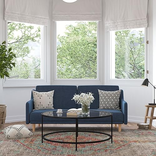 Flash Furniture Delphine Convertible Split Back Sofa Futon - Navy Faux Linen Upholstery - Solid Wood Legs - Curved Armrests - Sleeper Couch for Small Spaces