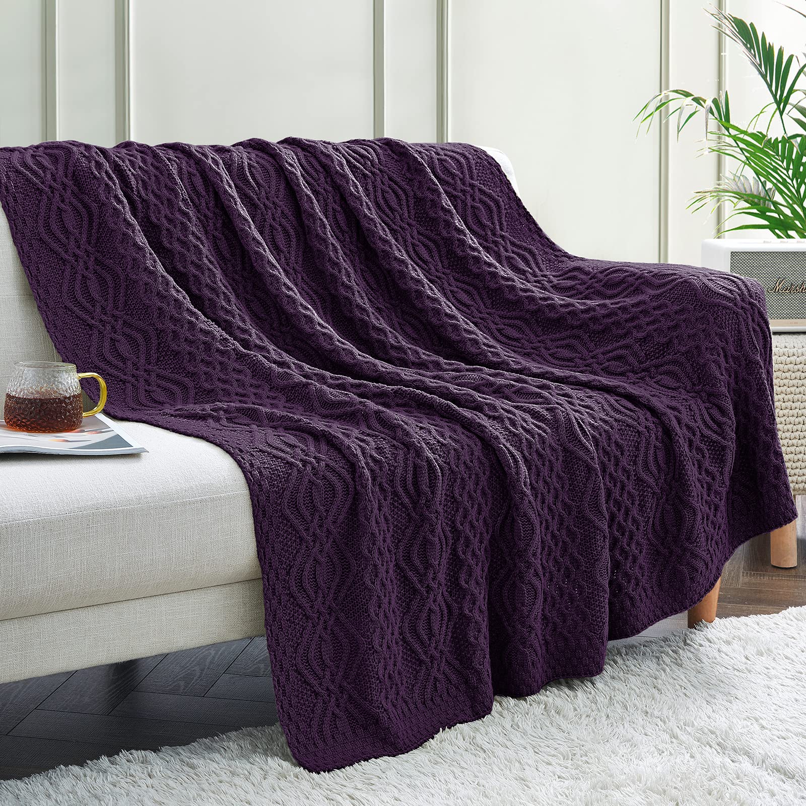 Aormenzy Dark Purple Cable Knit Throw Blanket, Soft & Warm Knitted Blanket Throw For Couch Bed Sofa Living Room, 50 X 60 Inch
