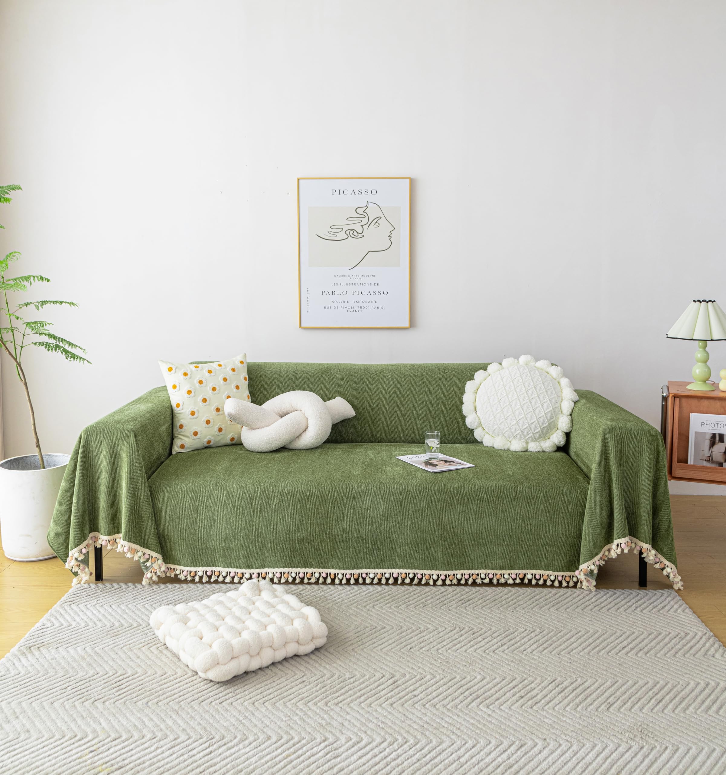 Handontime Green Sofa Cover Vintage Couch Cover For Dogs 71' X118' Couch Cushion Covers With Tassel Herringbone Sofa Cover Boho Sofa Covers For 3 Cushion Couch Chenille Soft Loveseat Sofa Covers