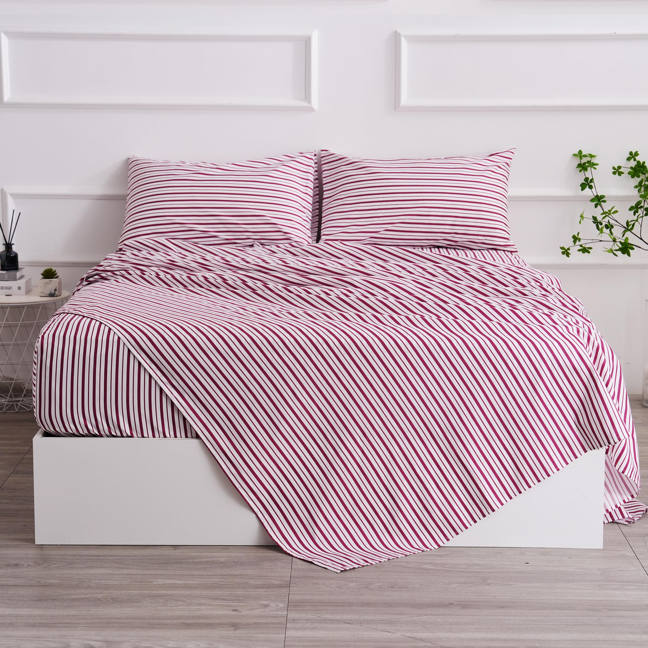 Red Striped Sheets Set Queen Size 4 Piece - Super Soft, Easy Care & Breathable Red And White Pinstripe Bed Sheet Set With 16-Inc