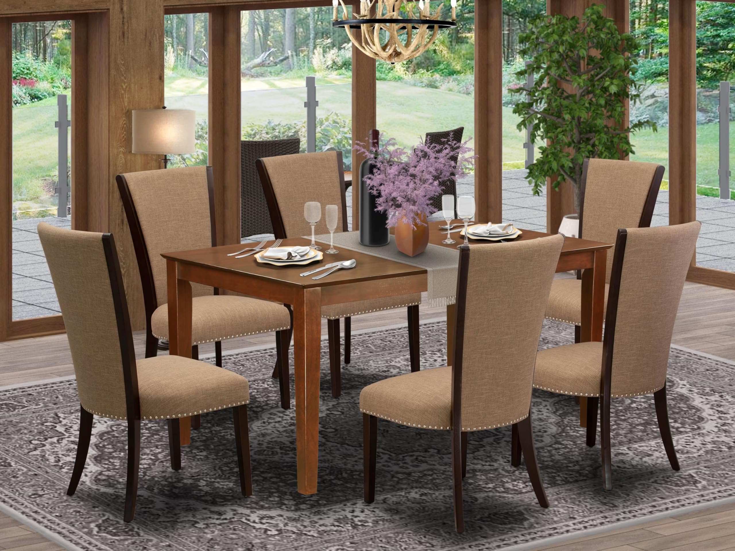 East West Furniture Cave7-Mah-47 7 Piece Dining Table Set Consist Of A Rectangle Dining Room Table And 6 Light Sable Linen Fabric Upholstered Chairs, 36X60 Inch, Mahogany