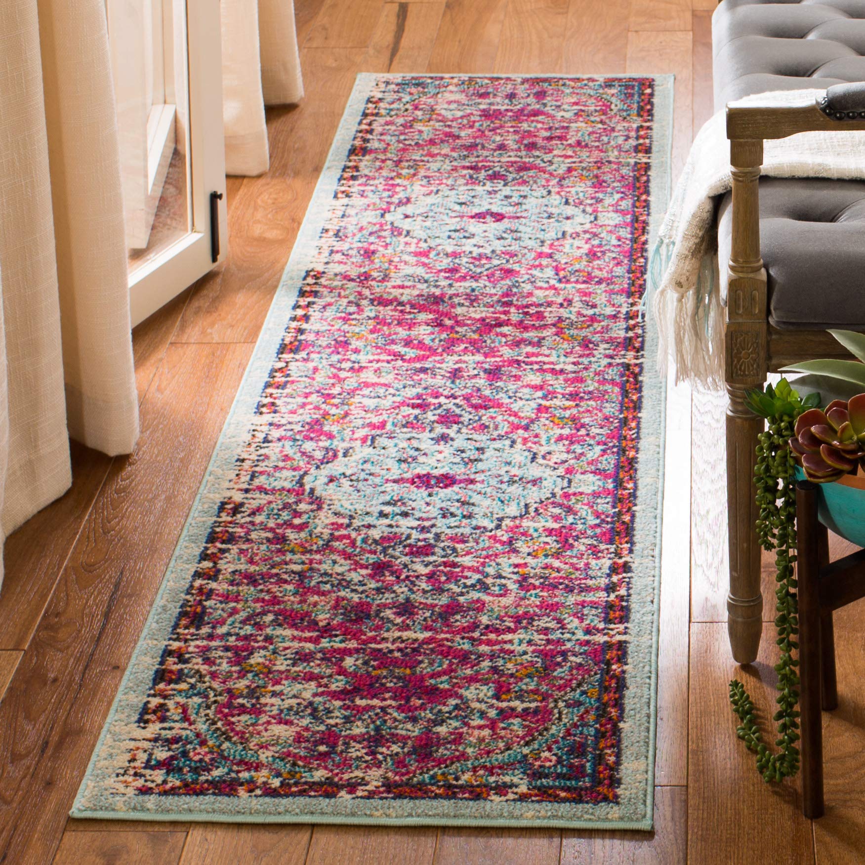 SAFAVIEH Madison Collection Runner Rug - 22 x 14, Fuchsia & Teal, Boho Chic Medallion Distressed Design, Non-Shedding & Easy C