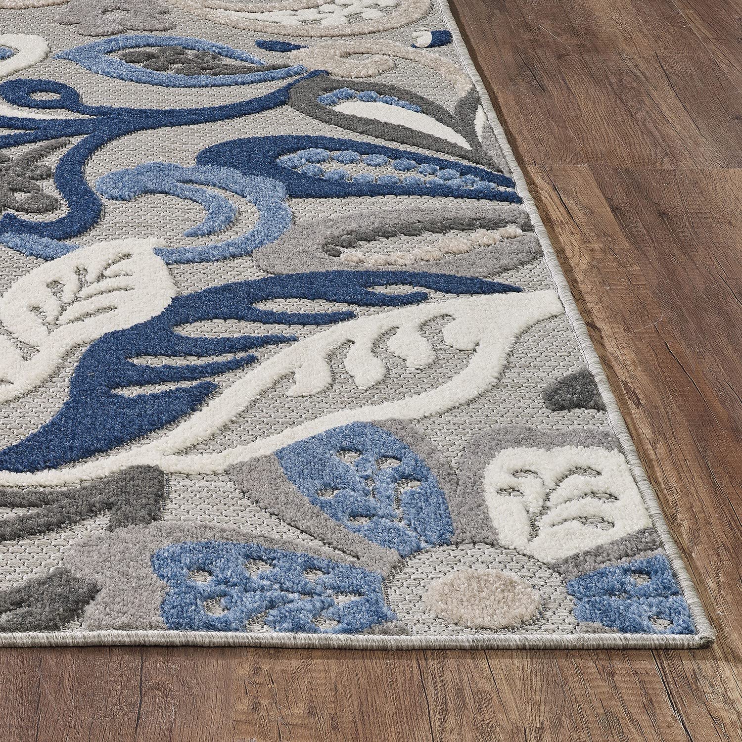HomeRoots Grey/Blue UV-Treated Polypropylene 8’ x 10’ Blue Gray Jacobean Floral Indoor Outdoor Area Rug