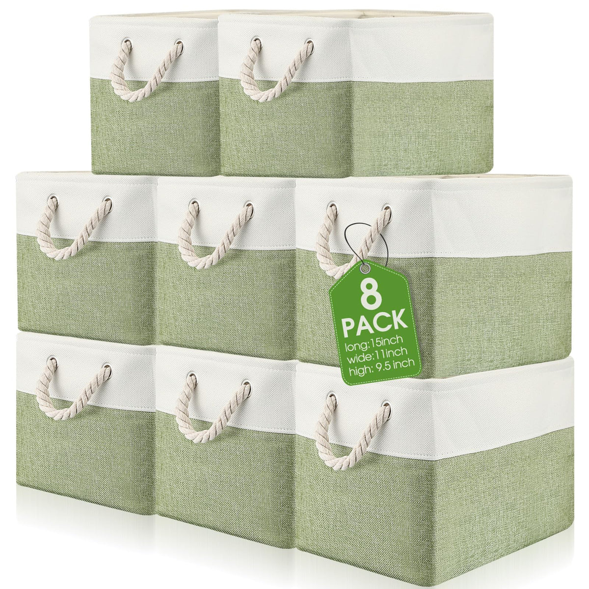 meekoo 8 Pack Fabric Storage Bins Baskets, 15 x 11 x 9.5 in, Green White