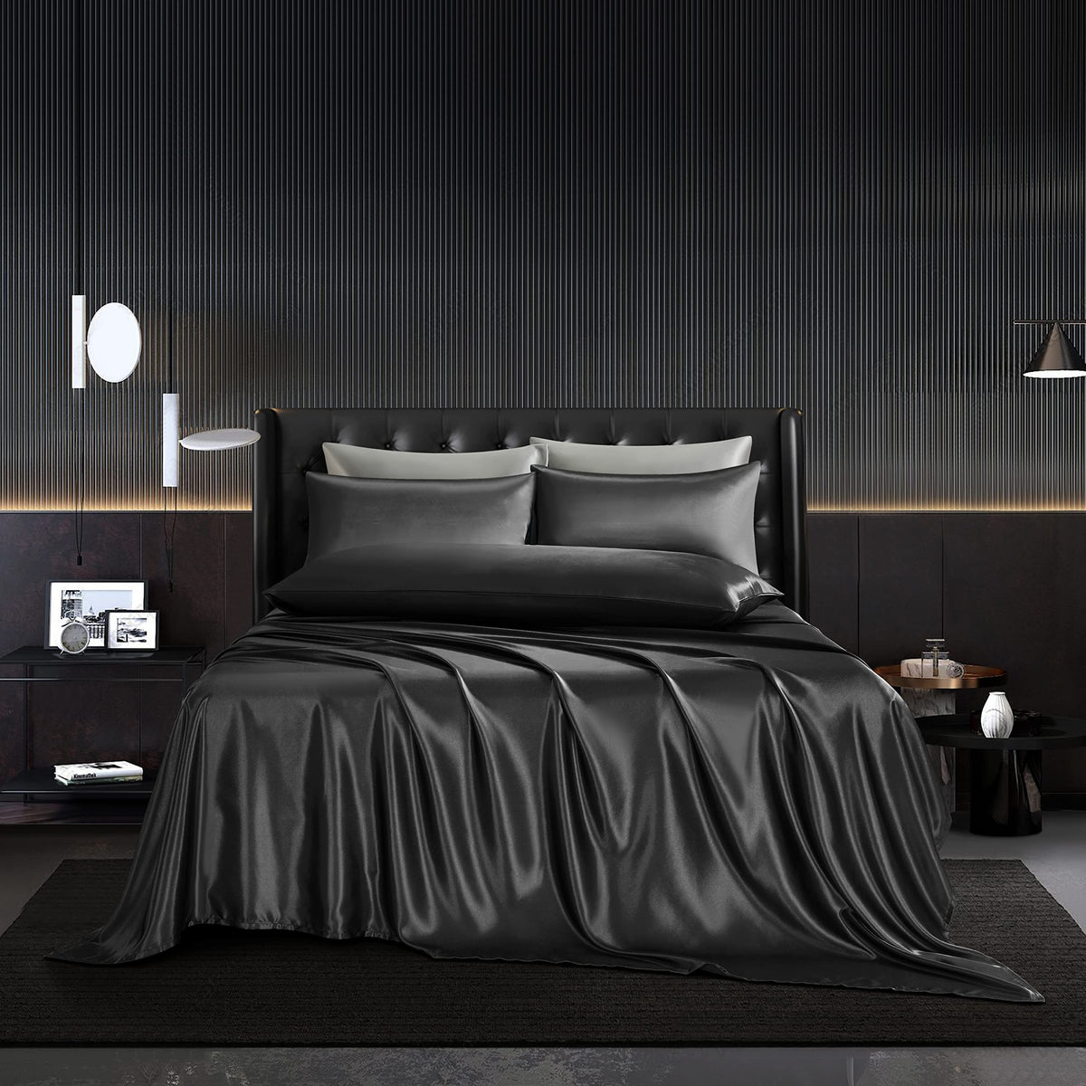 Hommxjf 5Pcs Black Satin Sheets Queen Set Black Silky Satin Sheets Comforter Bedding Set With 1 Satin Flat Sheet,1Deep Pocket Fi