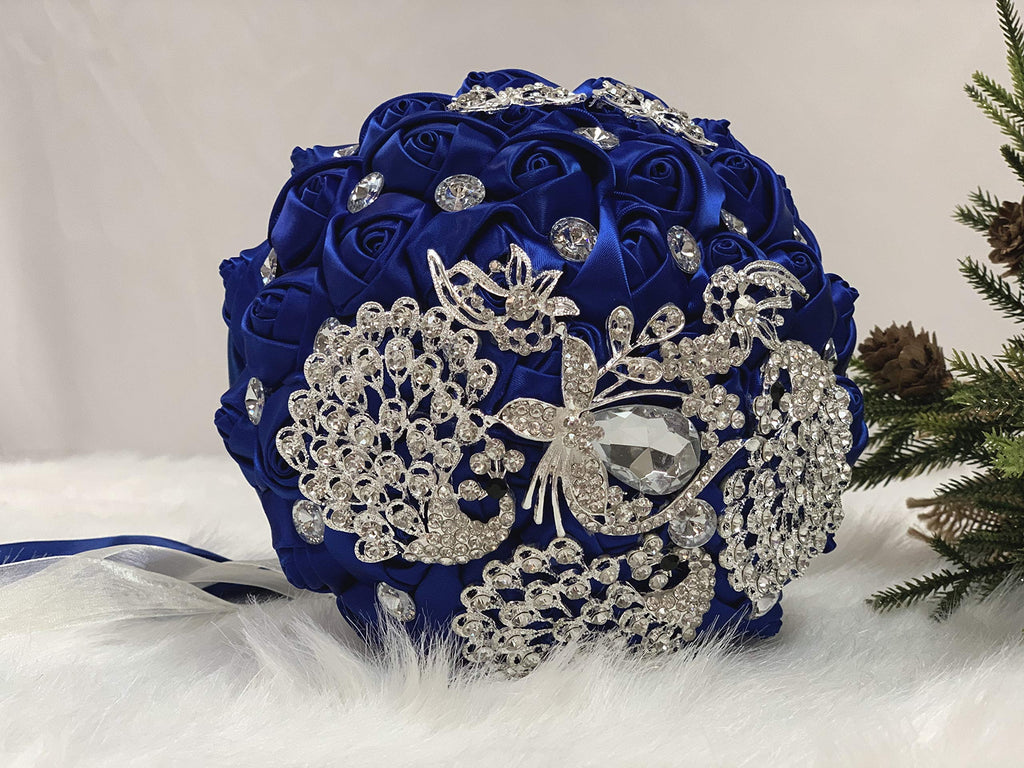 Abbie Home Sparkle Rhinestone Jewelry Bouquet - Satin Rose With Peacock Butterfly Brooches Bride Bridesmaids Wedding Flower (Roy