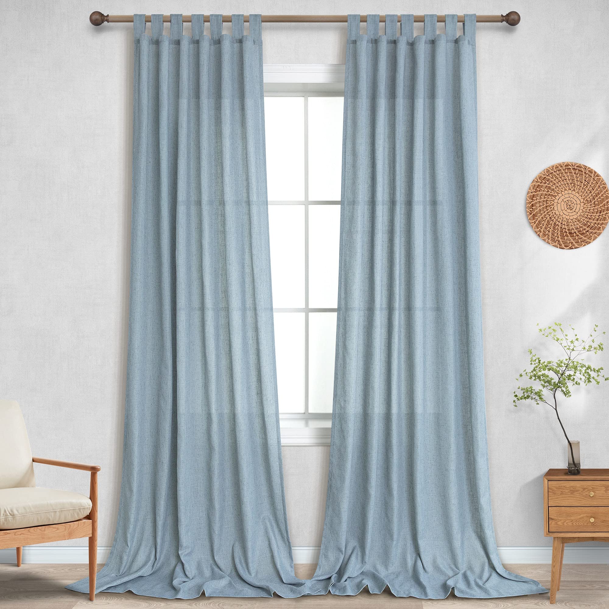 Light Blue Curtains 96 Inches Long For Living Room 2 Panels Tab Top Drapes Flax Linen Semi Sheer Gray Blue Curtains For Sliding Glass Door Dining Office Country Chic 8Ft Stone Dusty Vintage Blue Grey