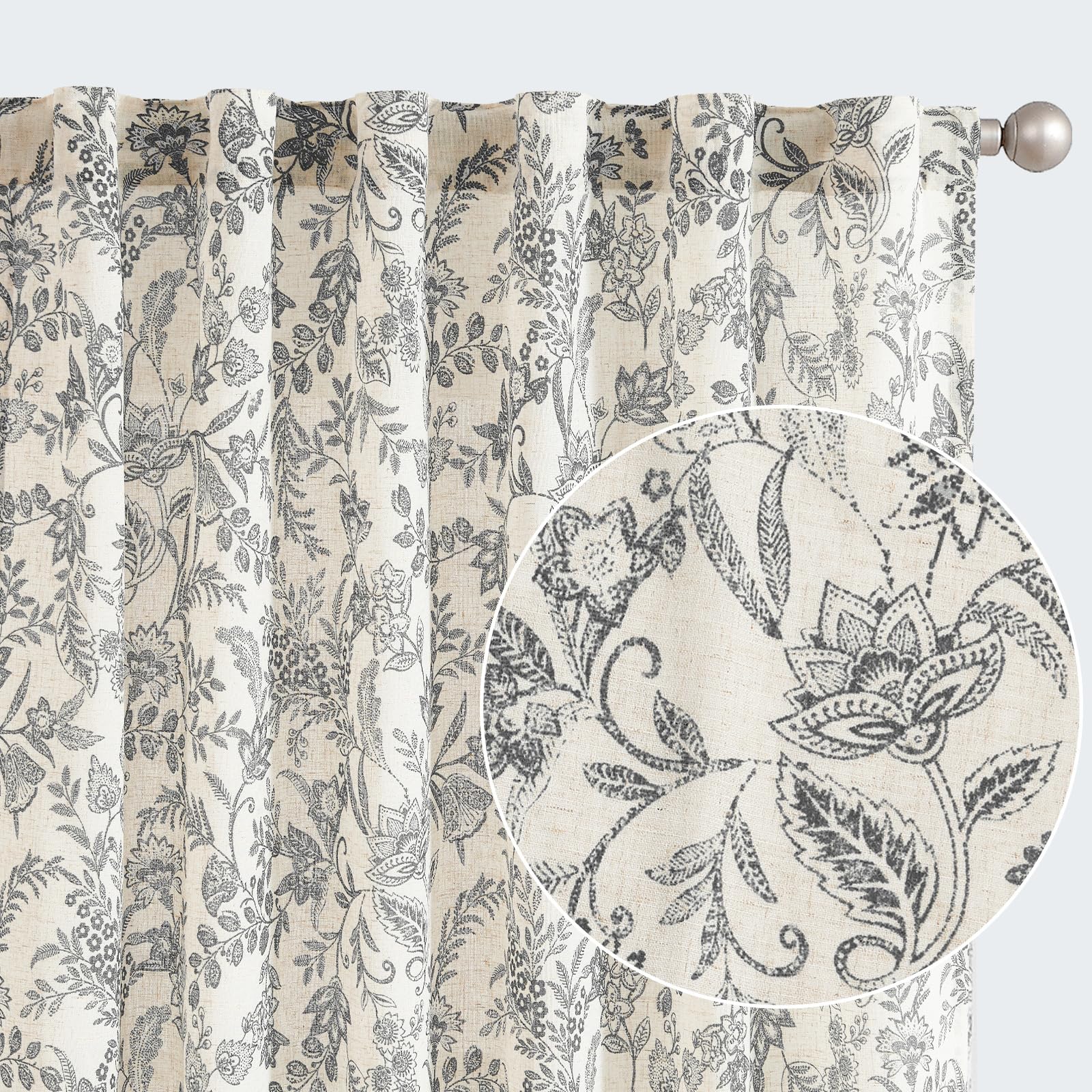 Jinchan Floral Curtains Linen Curtains For Living Room Black French Country Farmhouse Curtains 84 Inches Long Light Filtering Wi