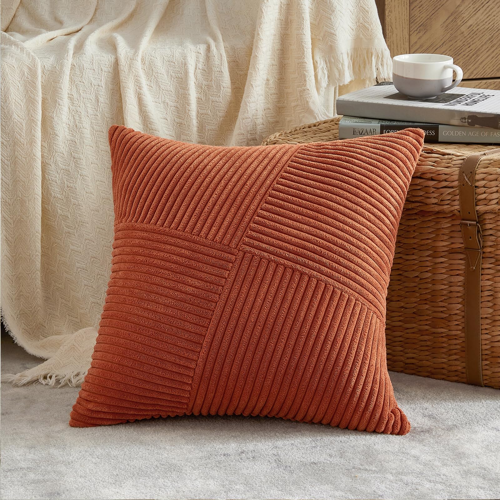 Fancy Homi Set Of 2 Burnt Orange Boho Decorative Throw Pillow Covers 16X16 Inch With Diagonally Pattern For Living Room Couch Be