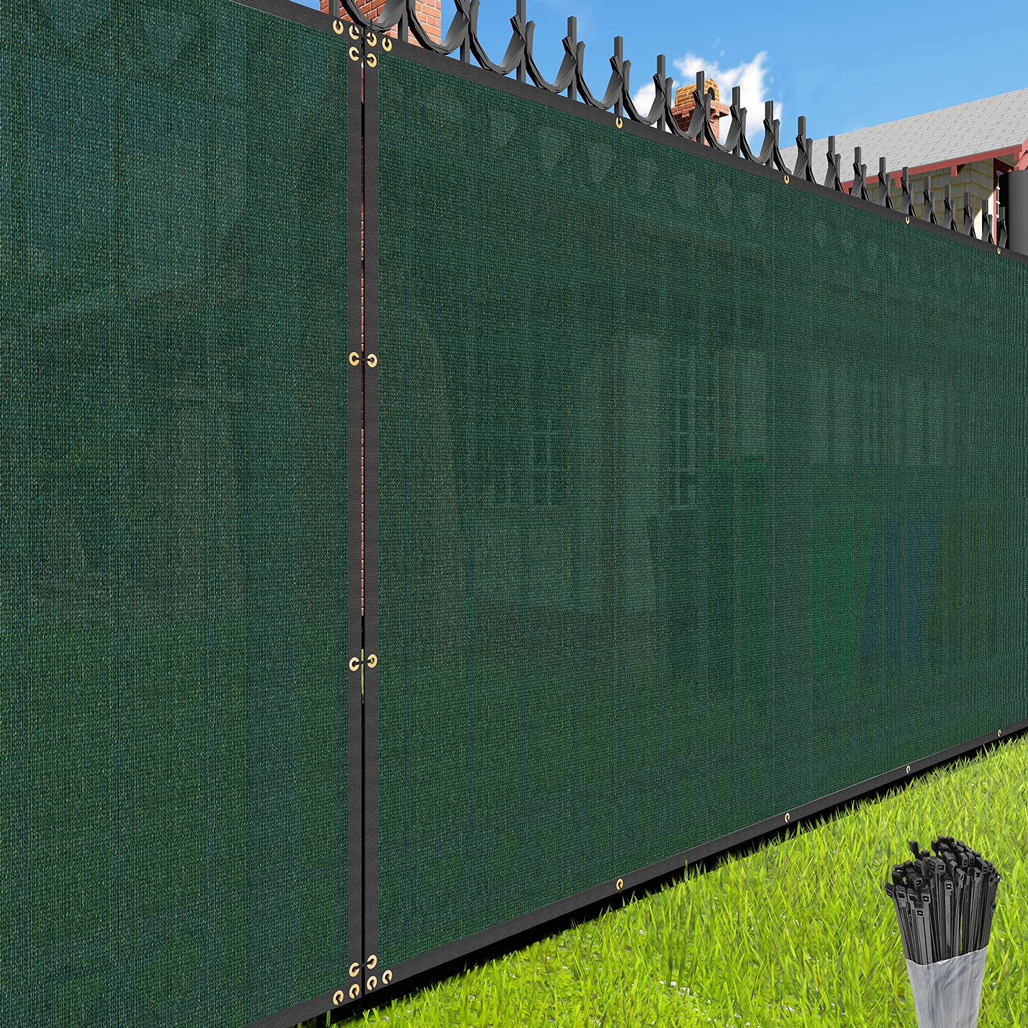 E&K Sunrise Fence Privacy Screen With Zipties, Green 6' X 144' Commercial Outdoor Backyard Porch Deck Shade Windscreen Mesh Fabr