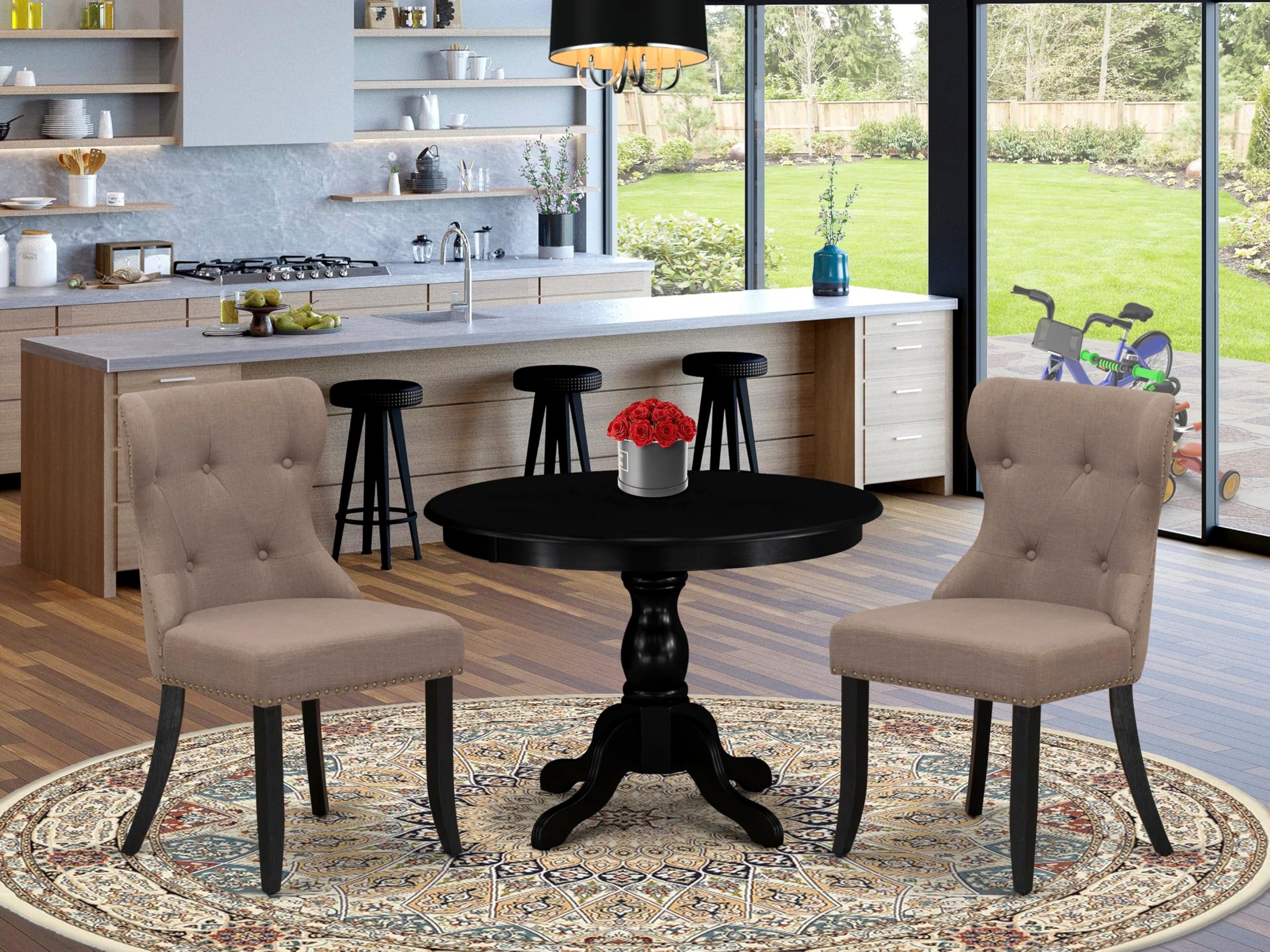 East West Furniture HBSI3-ABK-48 3 Piece Dining Room Furniture Set Contains a Round Dining Table with Pedestal and 2 Coffee Linen Fabric Upholstered Chairs, 42x42 Inch, Wirebrushed Black