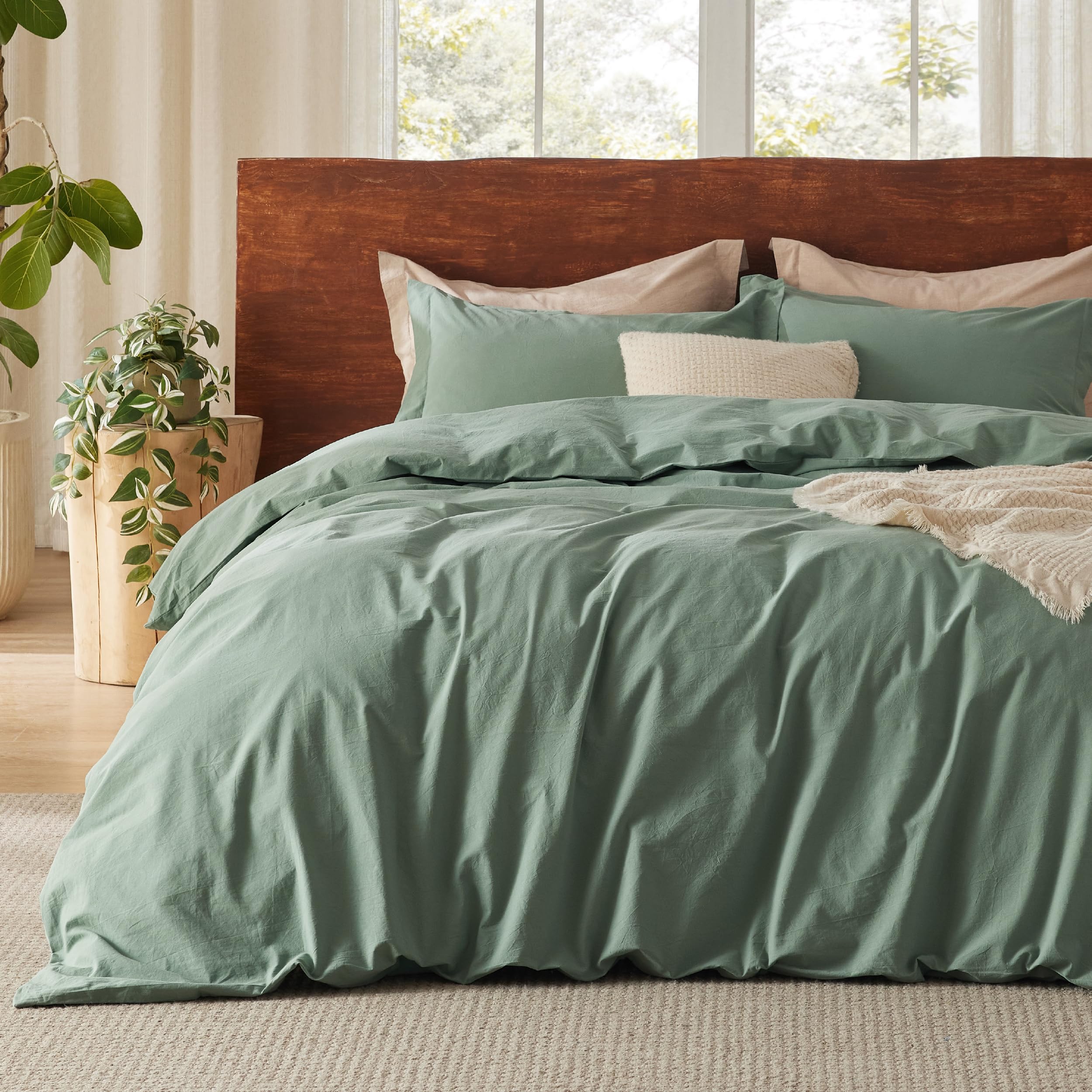 Bedsure 100% Washed Cotton Duvet Cover Queen - Green Minimalist Cotton Duvet Cover Linen Like - 3 Pieces Gentlesoft™ Plain Simple Bedding Set With 2 Pillow Shams (Green, Queen, 90'X90')