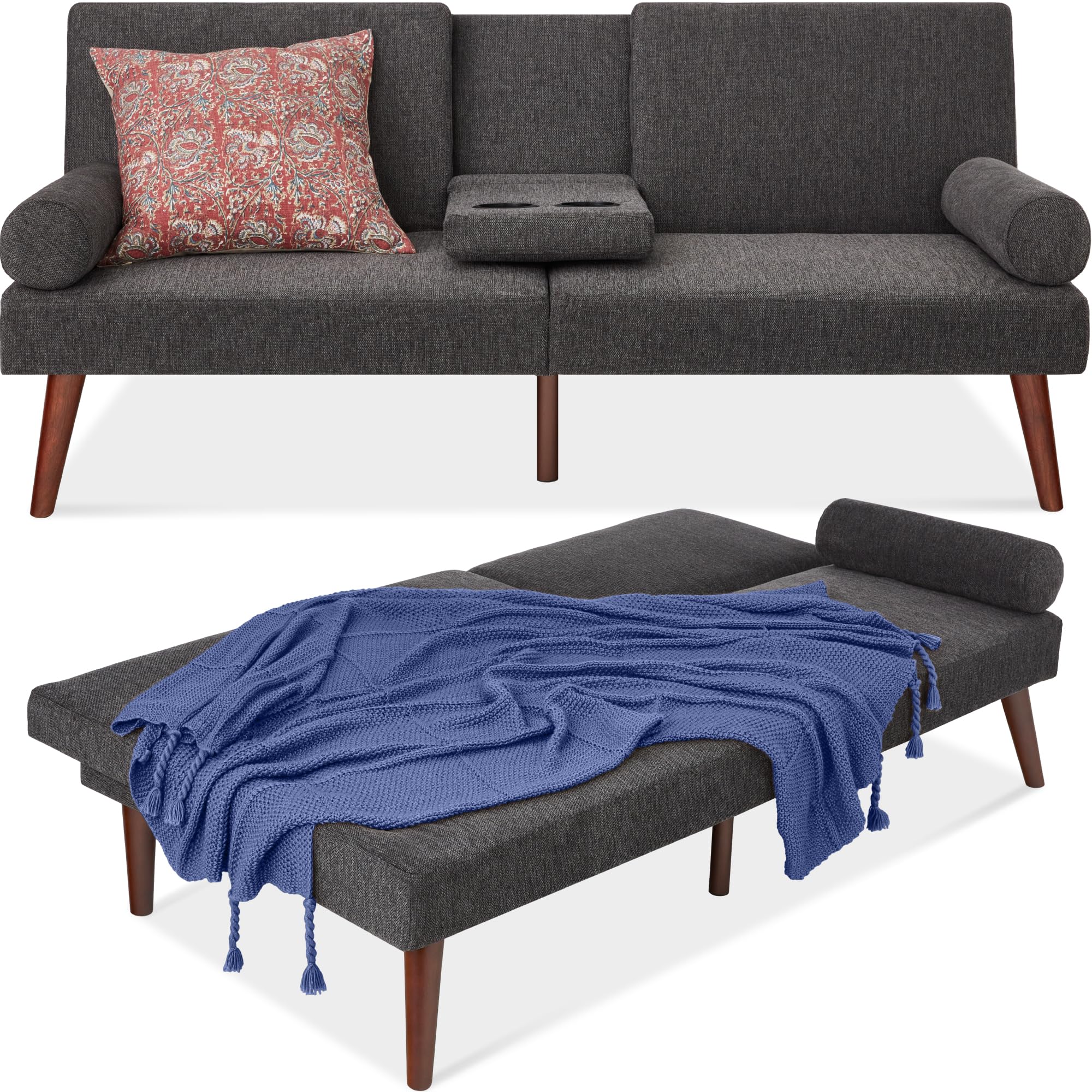 Best Choice Products Mid-Century Modern Upholstered Futon, Convertible Folding Sofa Bed, Small Couch w/Rounded Armrests, 2 Cupho