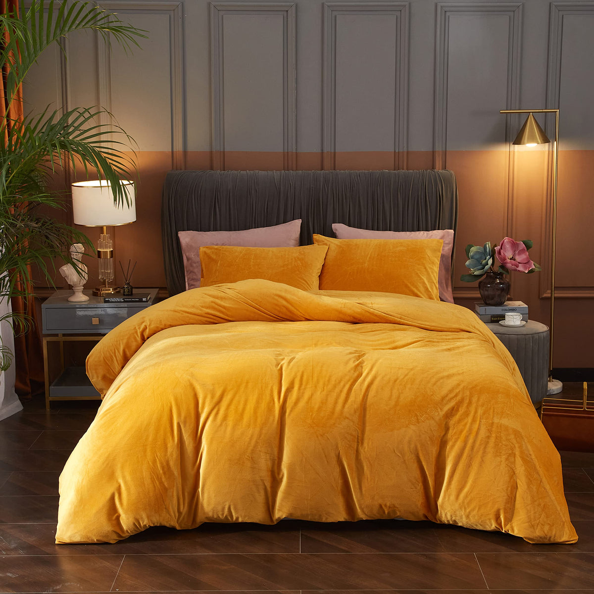 Ivellow Velvet Flannel Duvet Cover King Size Gold Duvet Cover King Velvet Comforter Cover Set Ultra Soft Breathable Cozy Velour
