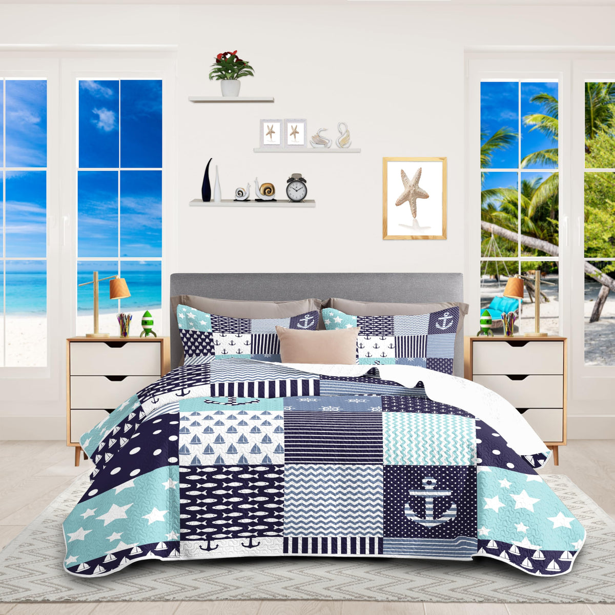 Nautical Bedding Queen Size Coastal Quilt With 2 Shams, Coastal Bedding Beach Comforter Sets Ocean Bedspreads Coverlet Summer Be