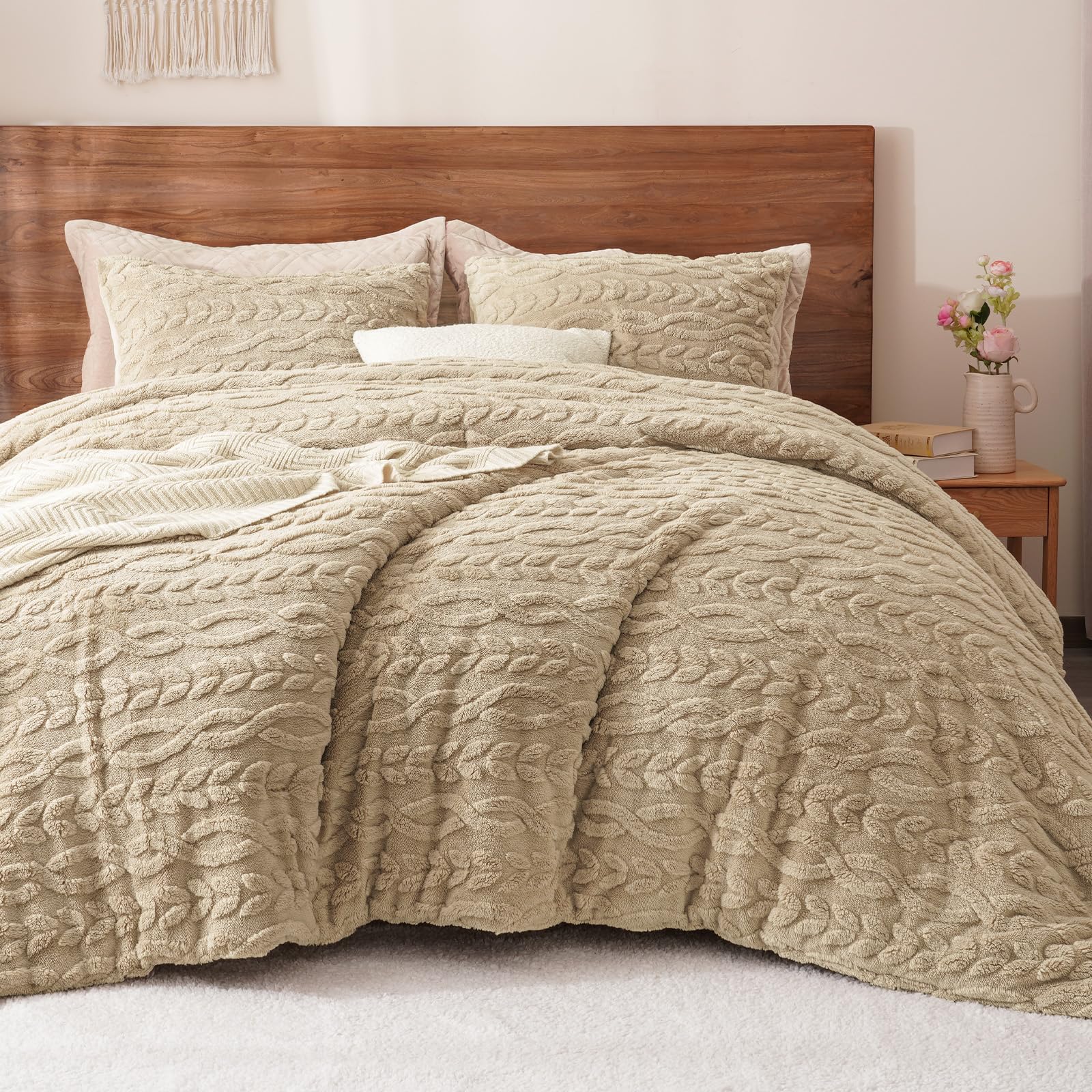 Phf Fluffy Sherpa Fleece King Comforter Set, 3 Pieces Warm Fuzzy Soft Bedding For Winter, 3D Tufted Flannel Plush Shaggy Bed Set