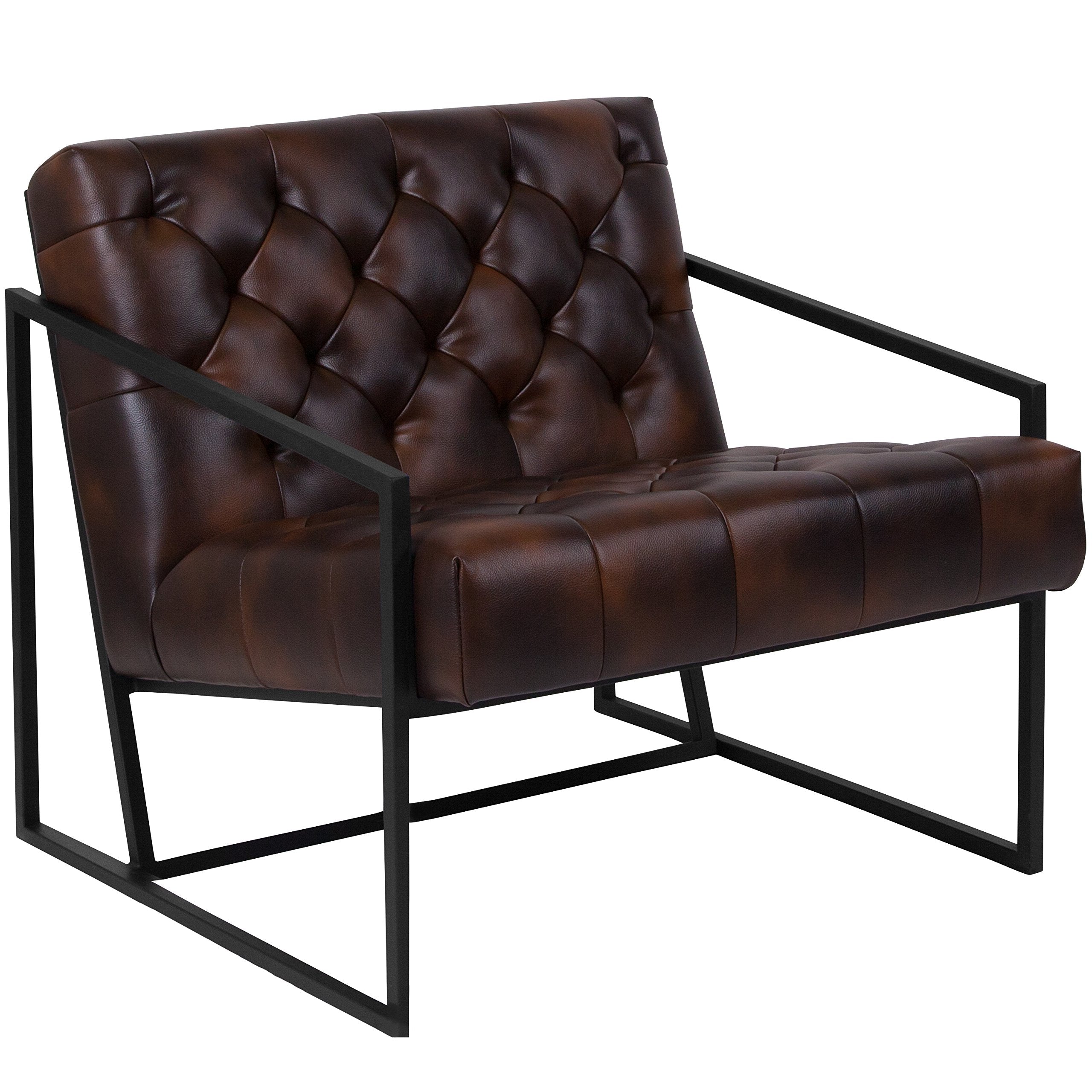 Flash Furniture Hercules Madison Series Bomber Jacket Leathersoft Tufted Lounge Chair, Tufted Retro Accent Chair For Living Room Or Office, Brown/Black