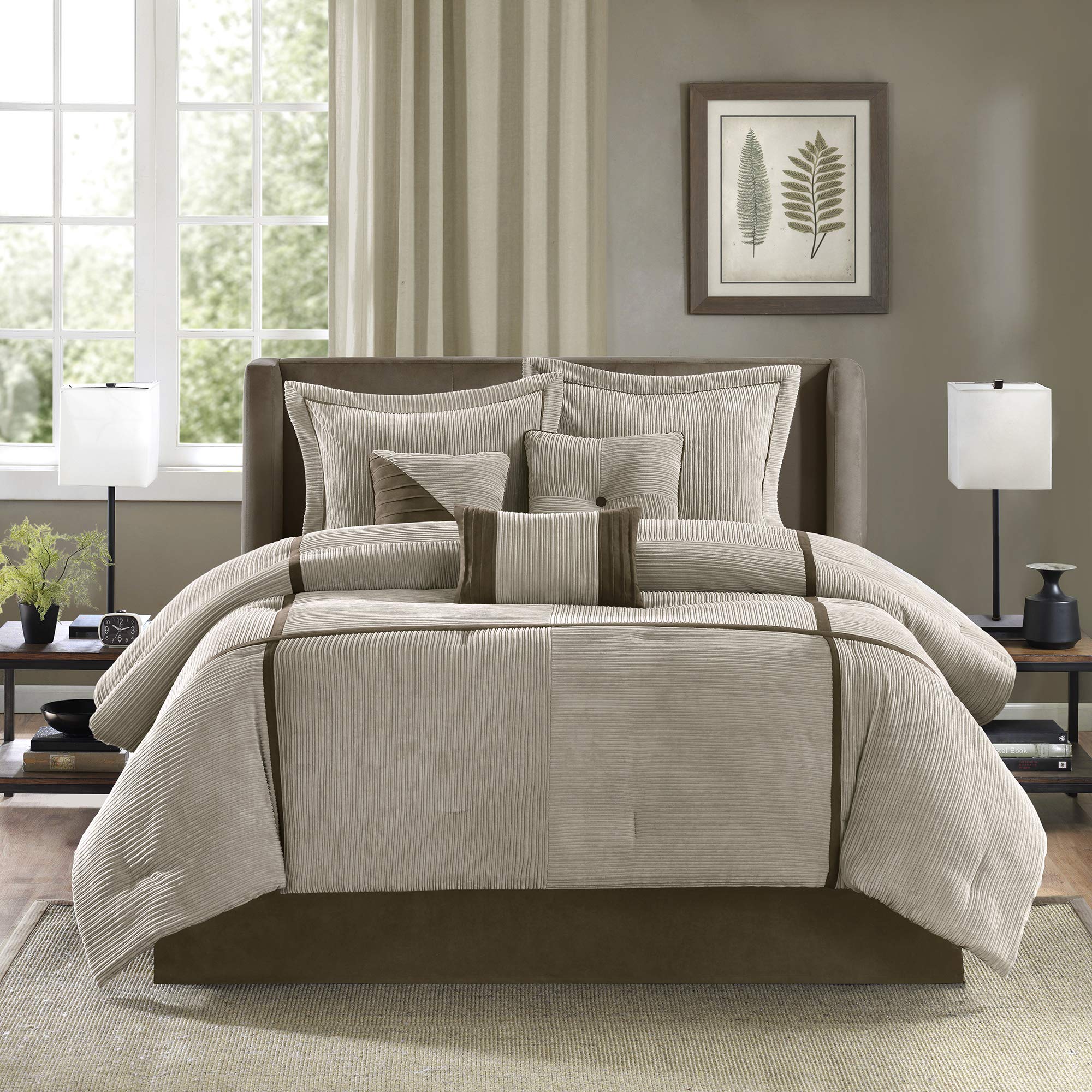 Madison Park Cozy Comforter Set Casual Blocks Design All Season, Matching Bed Skirt, Decorative Pillows, King (104 In X 92 In), Dallas Taupe/Brown, 7 Piece