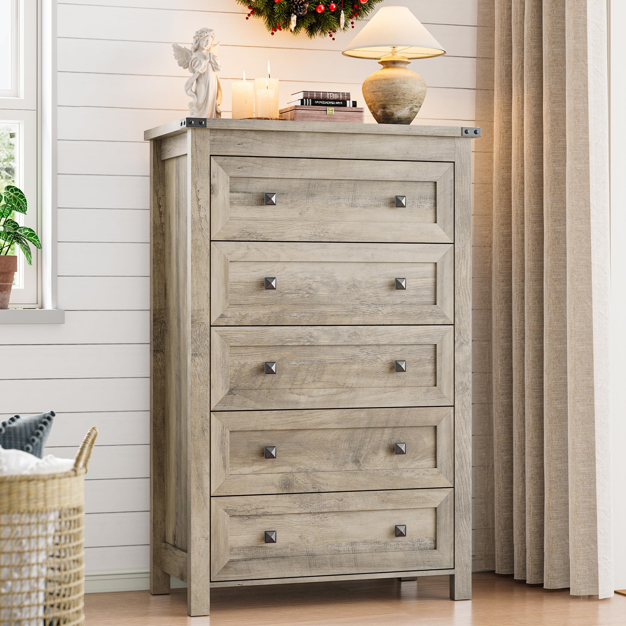 Dresser for Bedroom with 5 Drawers, Tall Wood Chest of Drawers, Modern Farmhouse Closet Clothes Organizer, Storage Tower Cabinet