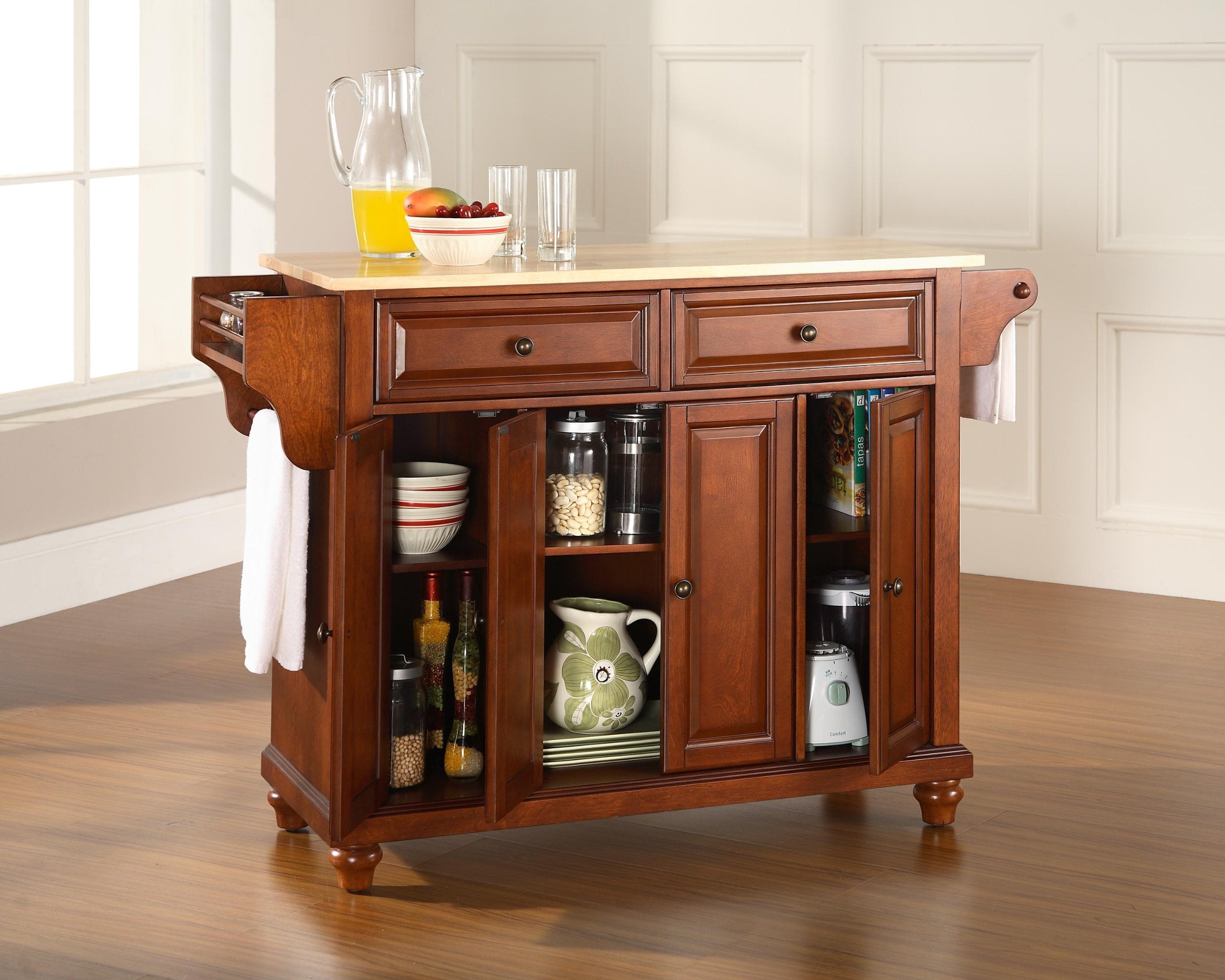 Crosley Furniture Cambridge Wood Top Rolling Kitchen Island Storage Cart, Microwave Stand, Spice Rack, Cherry