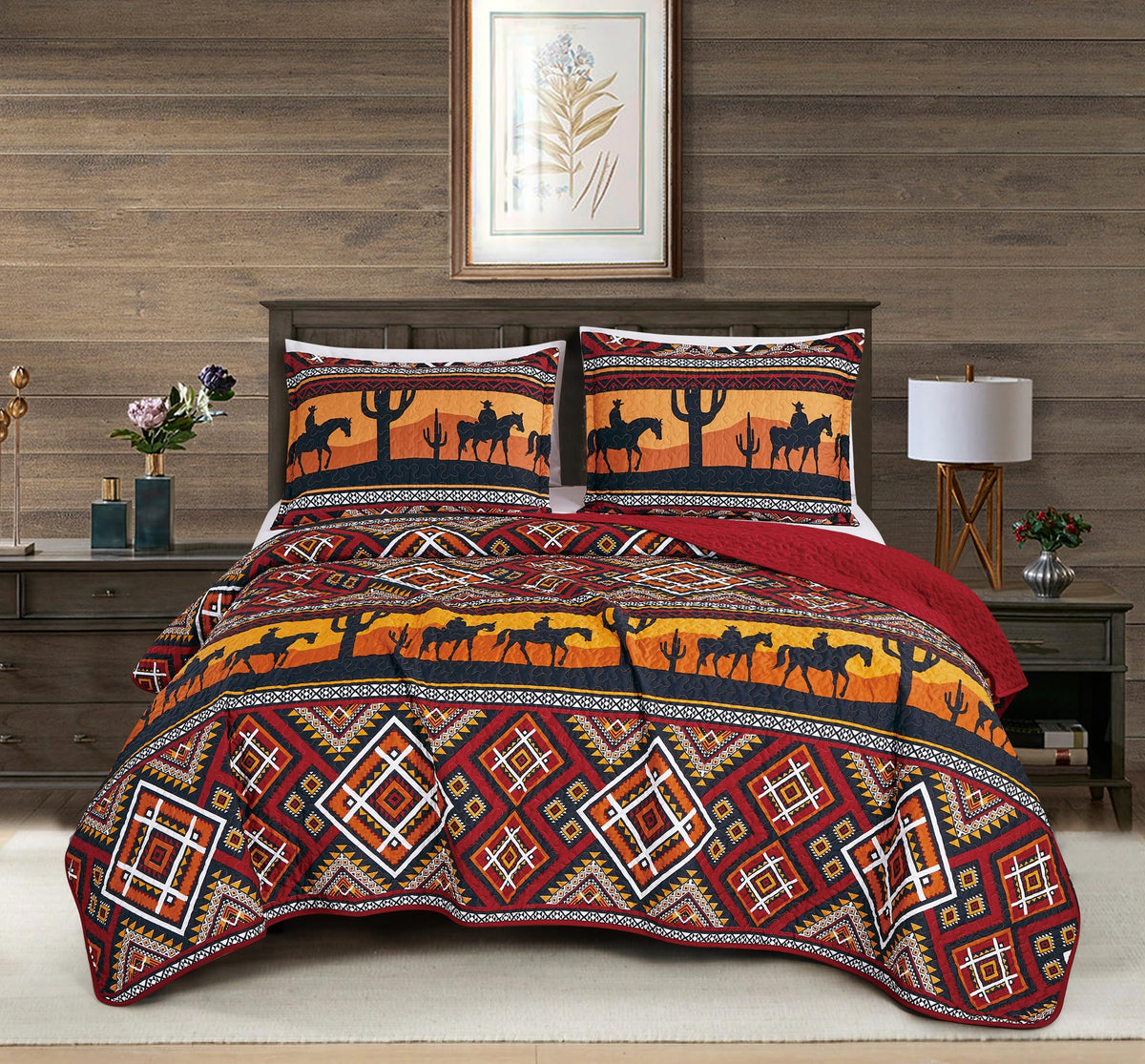 Chezmoi Collection Rodeo 3-Piece Southwestern Sunset Cowboys Quilt Set Queen - Multicolor Red Orange Black White Printed Microfi