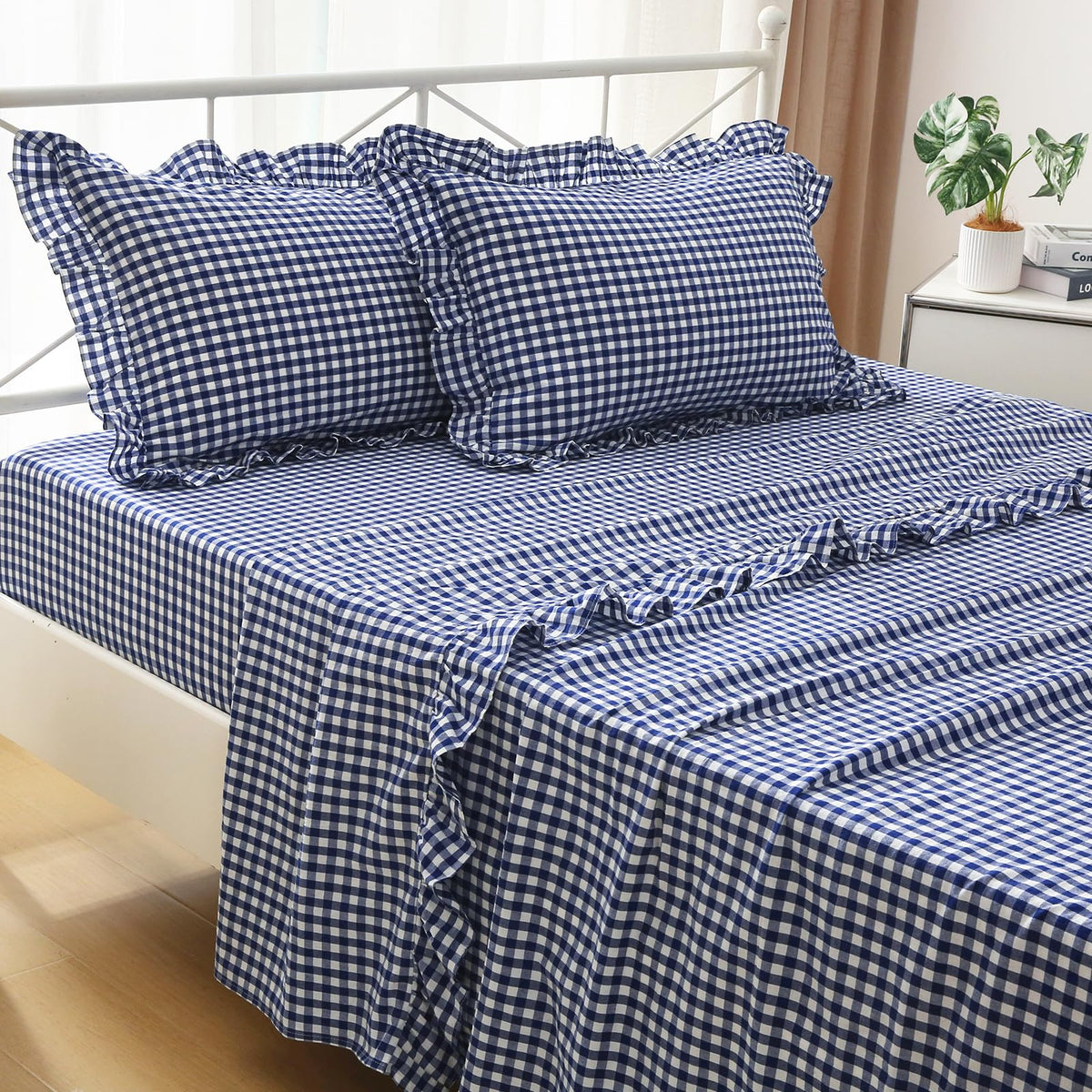 K Masaniji Navy Blue White Plaid Ruffle Sheets Twin Size 4-Piece Set, 300Tc 100% Yarn Dyed Cotton Sheets 18 In Deep Pocket Class