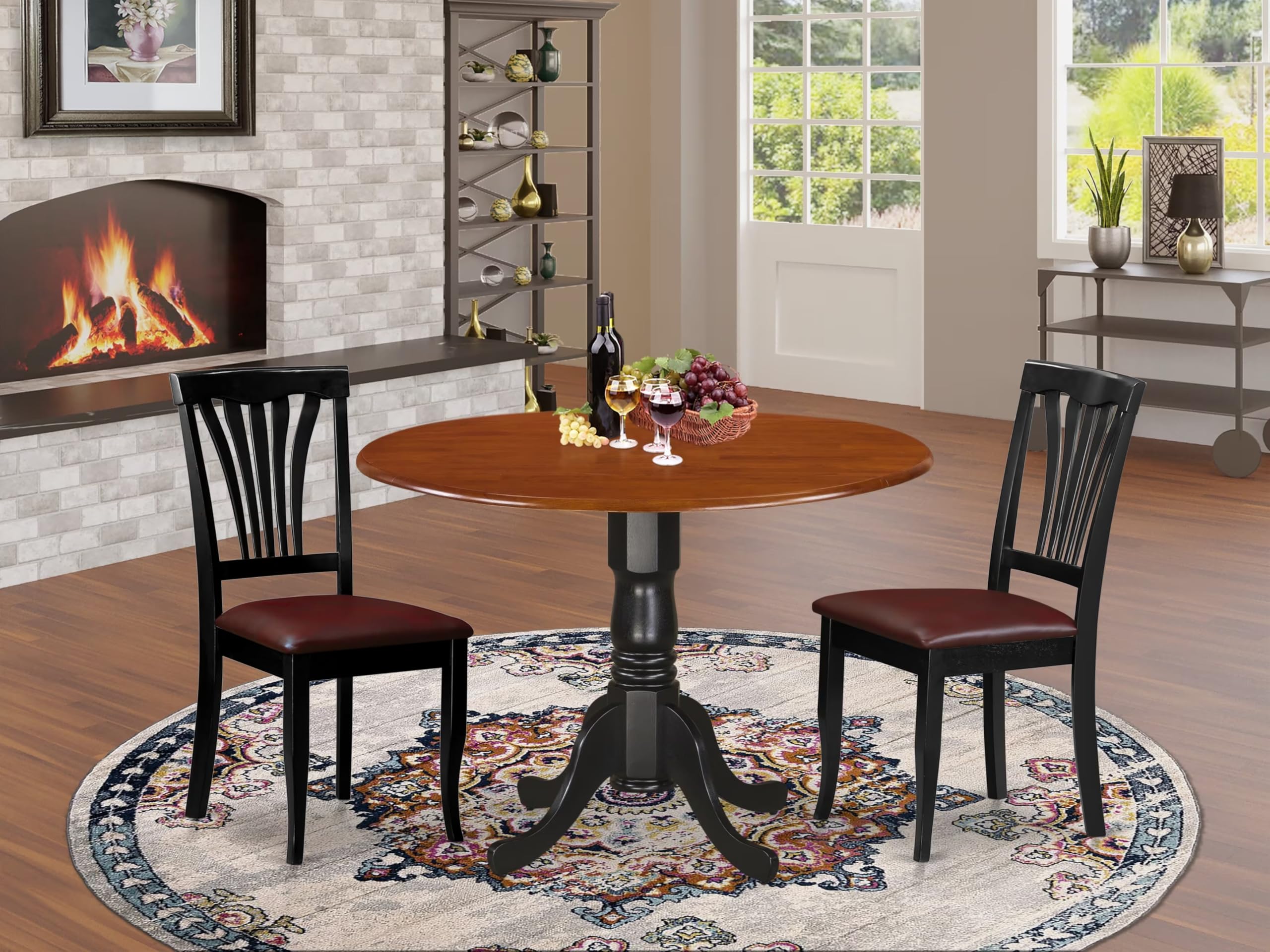 East West Furniture DLAV3-BCH-LC 3 Piece Modern Dining Table Set Contains a Round Wooden Table with Dropleaf and 2 Faux Leather Kitchen Dining Chairs, 42x42 Inch, Black & Cherry