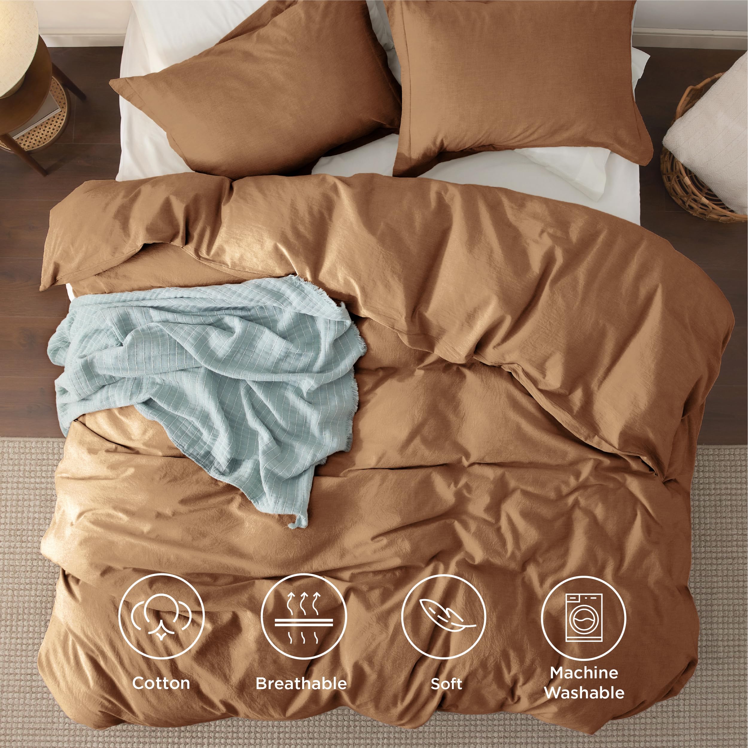 Bedsure 100% Washed Cotton Duvet Cover King Size - Brown Minimalist Cotton Duvet Cover Linen Like - 3 Pieces Gentlesoft™ Plain Simple Bedding Set With 2 Pillow Shams (Brown, King, 104'X90')