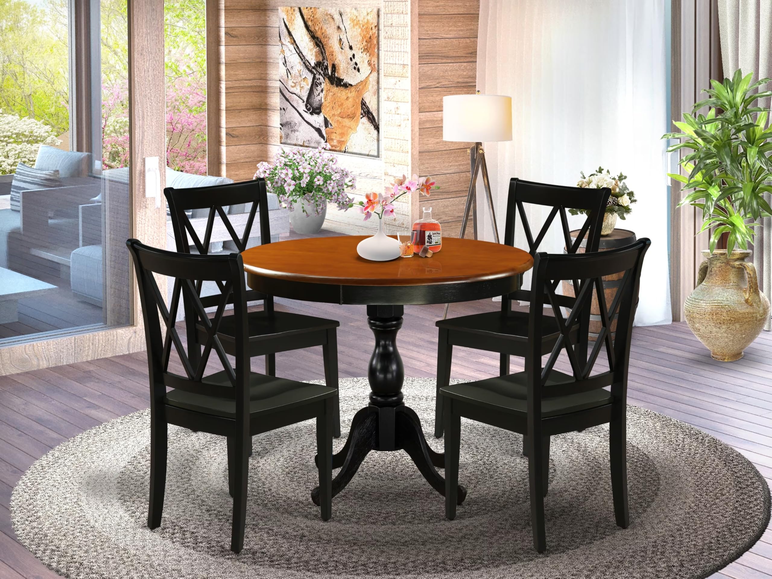 East West Furniture Amcl5-Bch-W 5 Piece Dinette Set For 4 Includes A Round Kitchen Table With Pedestal And 4 Dining Room Chairs, 36X36 Inch, Black & Cherry