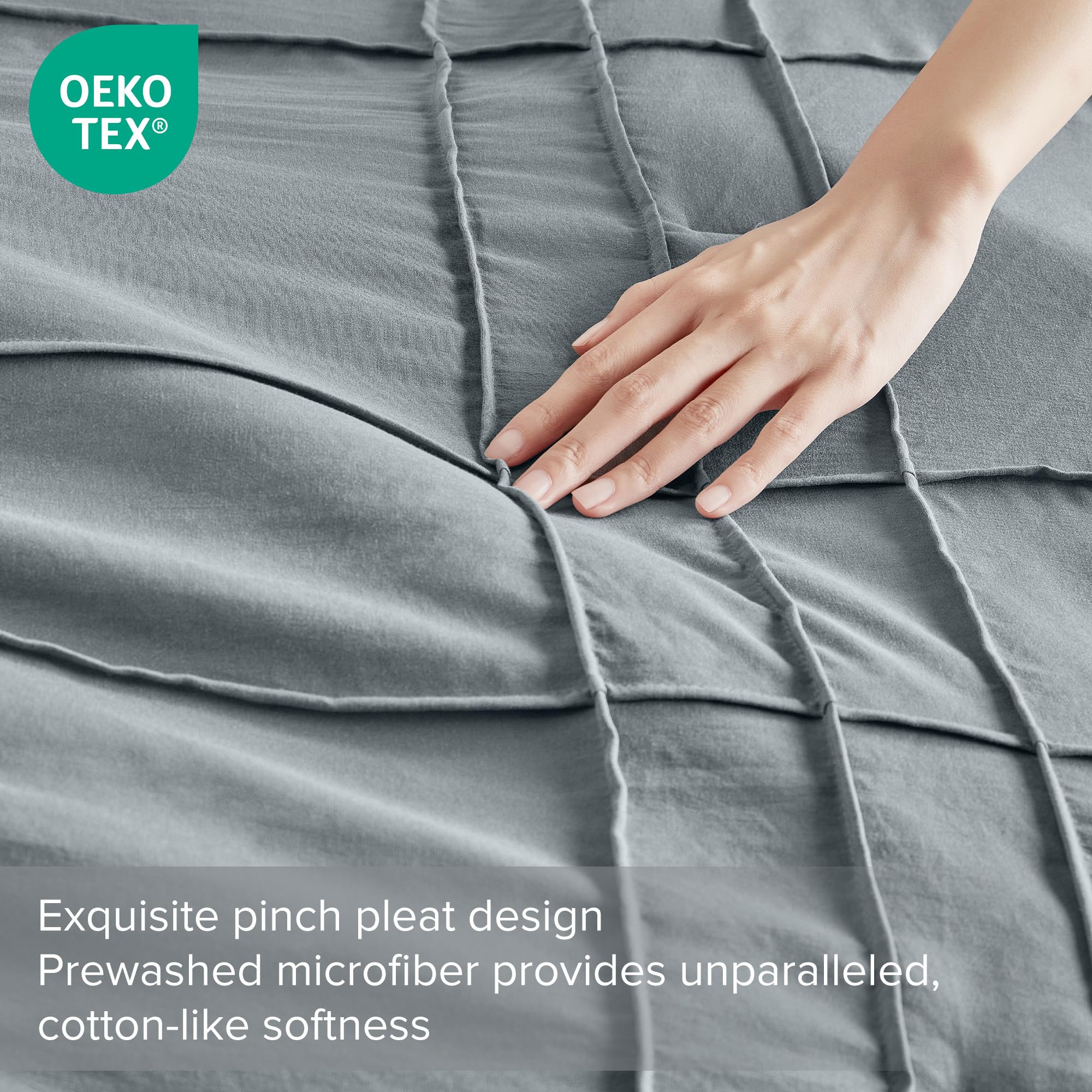 Comfort Spaces Blue/Grey Queen Size Duvet Cover Set - 3 Pieces Pintuck Pleated Duvet Cover Queen, All Season Lightweight, Extra Softness Pre-Washed Microfiber Queen Bedding Cover Shams, Queen