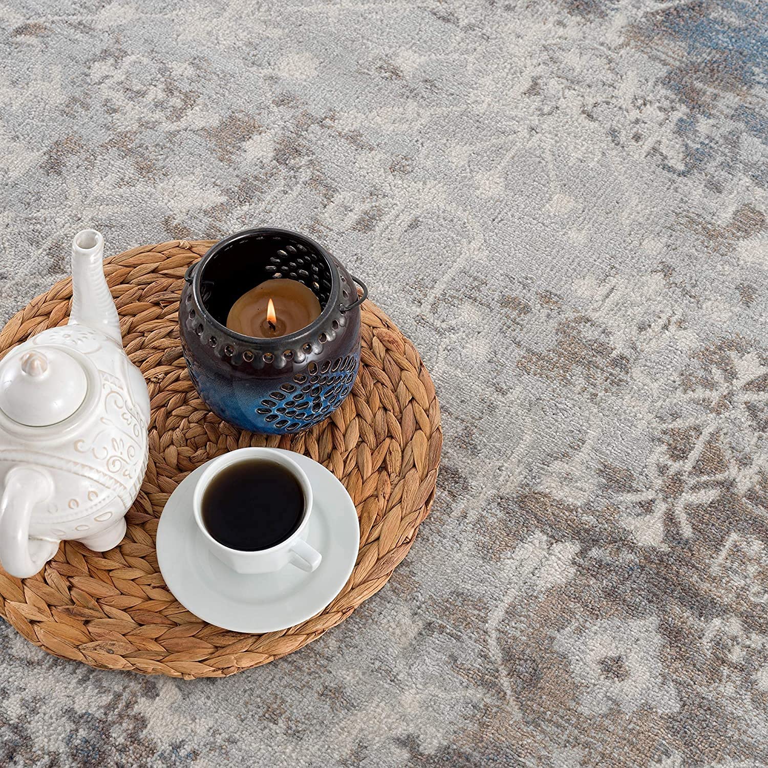 HomeRoots 100% Polypropylene 2’ x 10’ Navy and Beige Distressed Vines Runner Rug