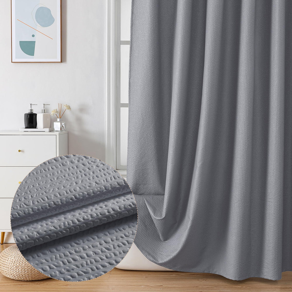 OVZME Berry Grey Shower Curtain Set, Embossed Textured Fabric Shower Curtain for Bathroom - Soft Cloth & Hotel Spa, Water Resist