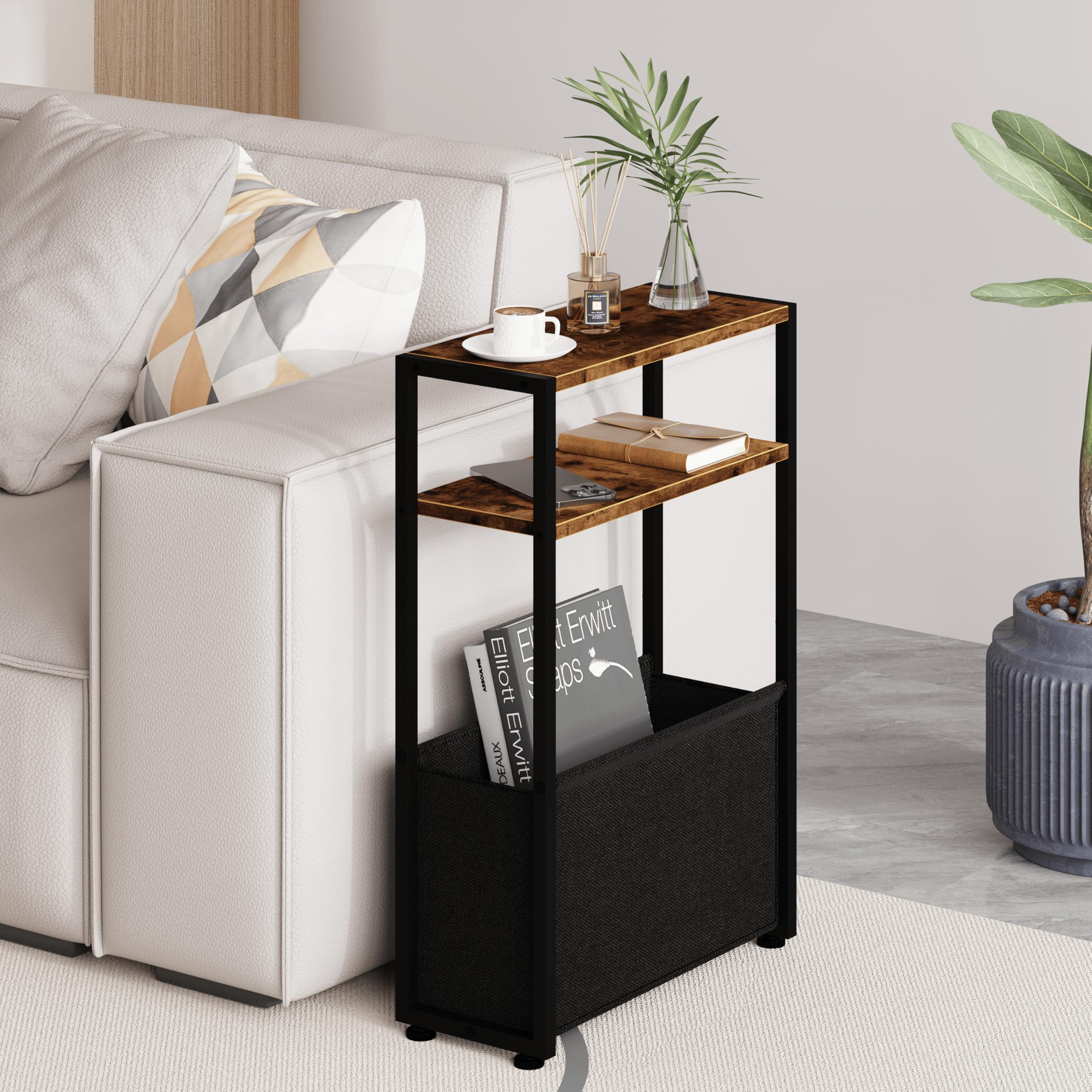 Leomonio Narrow Side Table, Slim End Tables With Fabric Basket, Skinny Table For Small Spaces, Thin Bedside Table For Living Roo