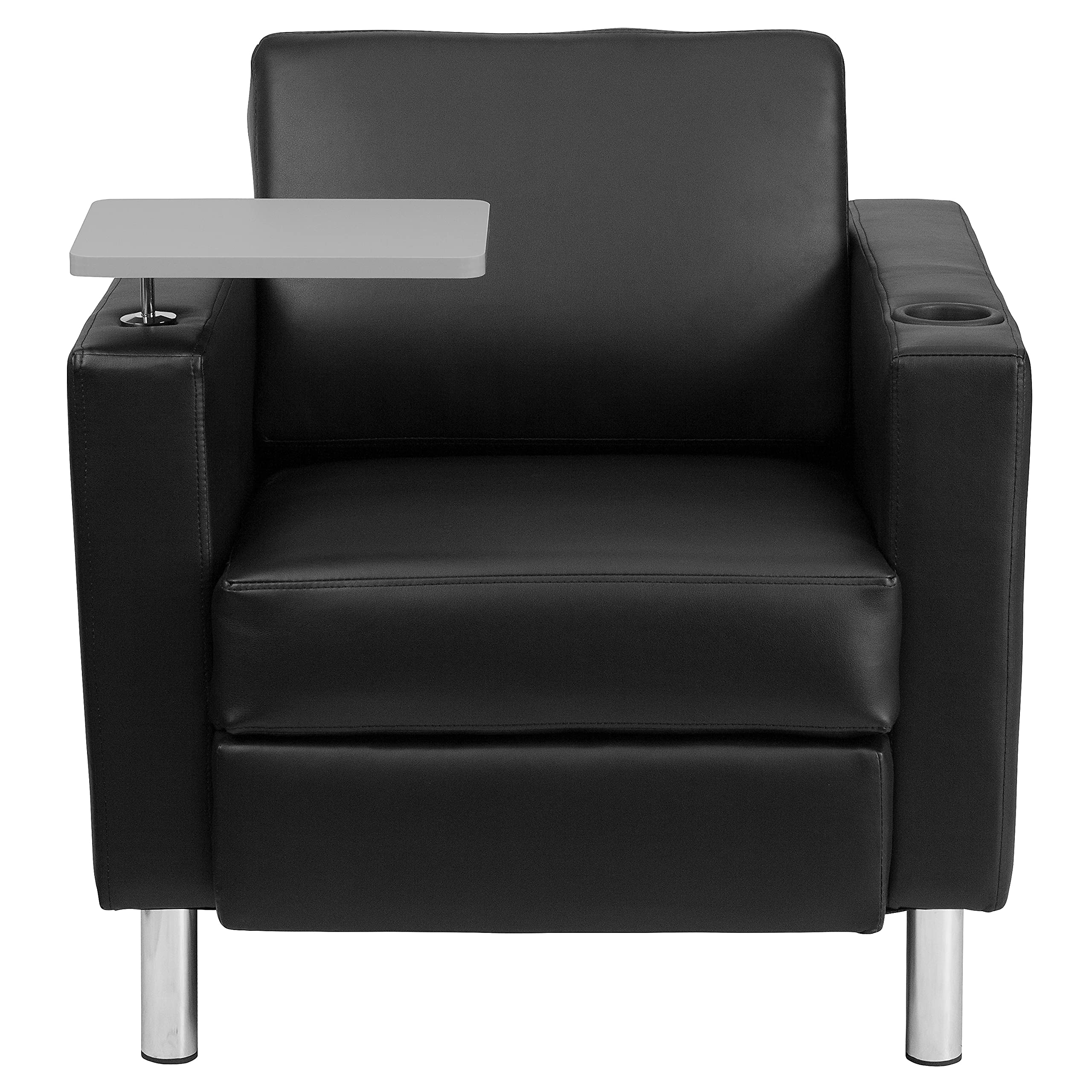 Flash Furniture George Black Leathersoft Guest Chair With Tablet Arm, Tall Chrome Legs And Cup Holder