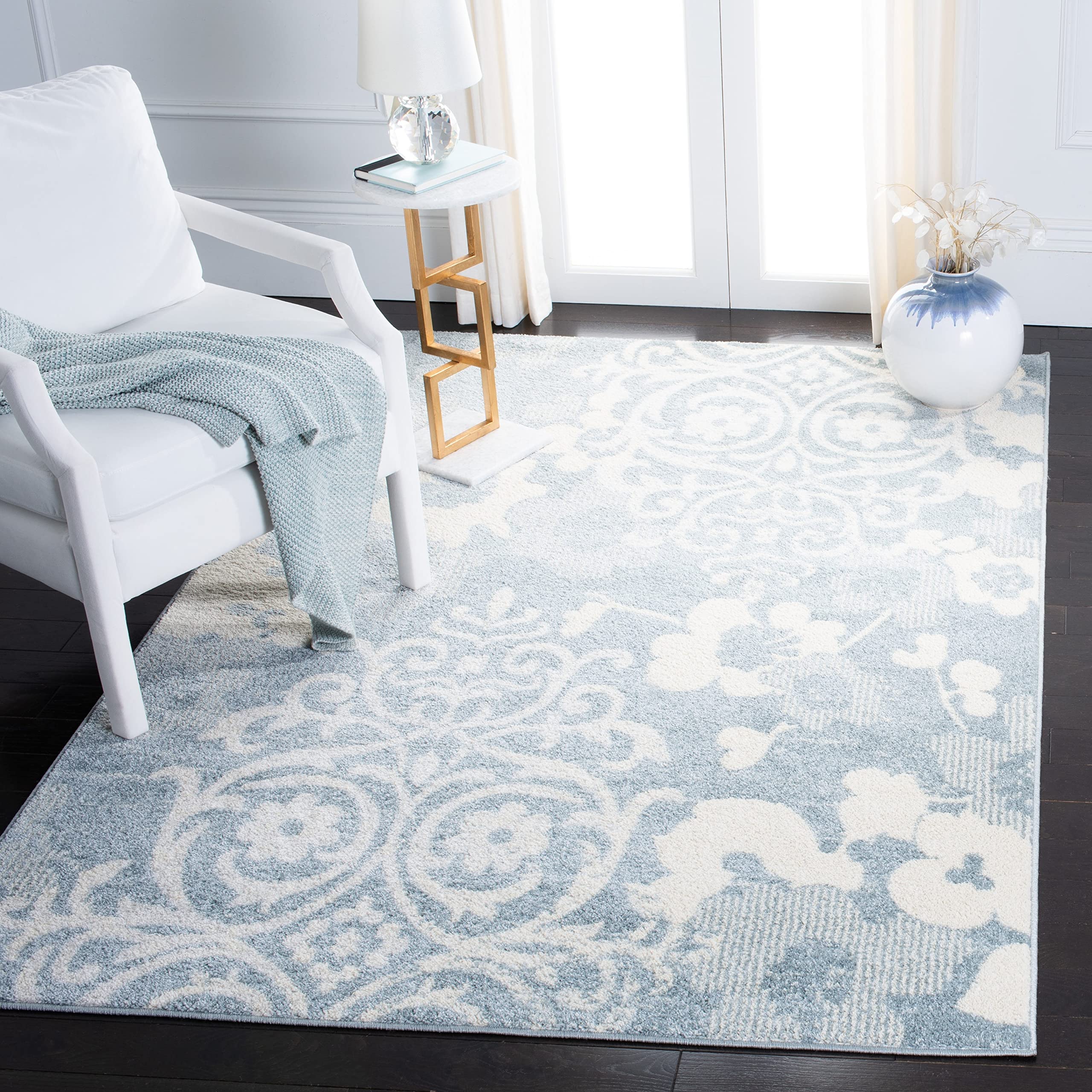 SAFAVIEH Adirondack Collection Area Rug - 8 x 10, Grey & Ivory, Floral Glam Damask Distressed Design, Non-Shedding & Easy Care