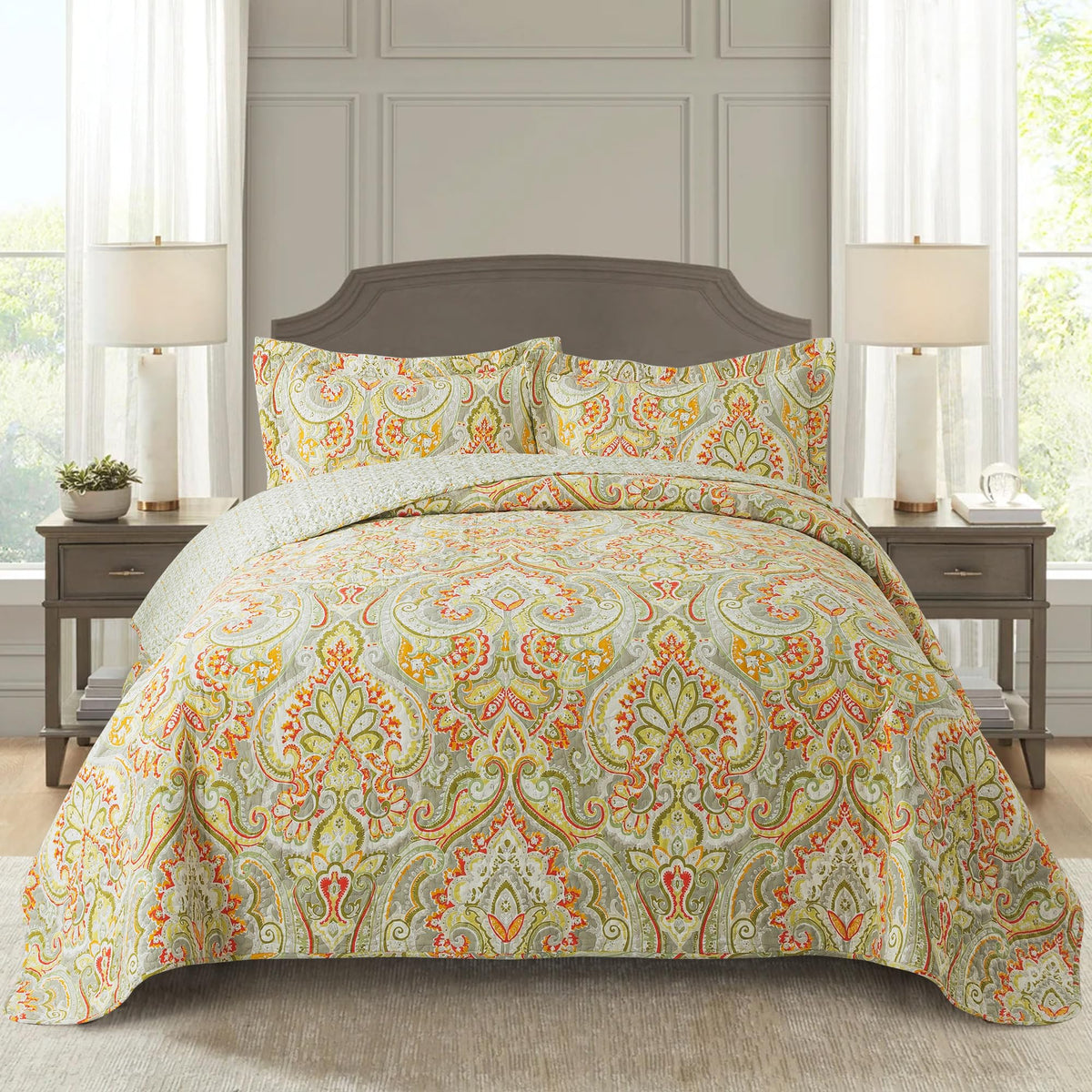 Newlake Cotton Bedspread Quilt Sets-Reversible Patchwork Coverlet Set, European Beige Floral Pattern, California King Size
