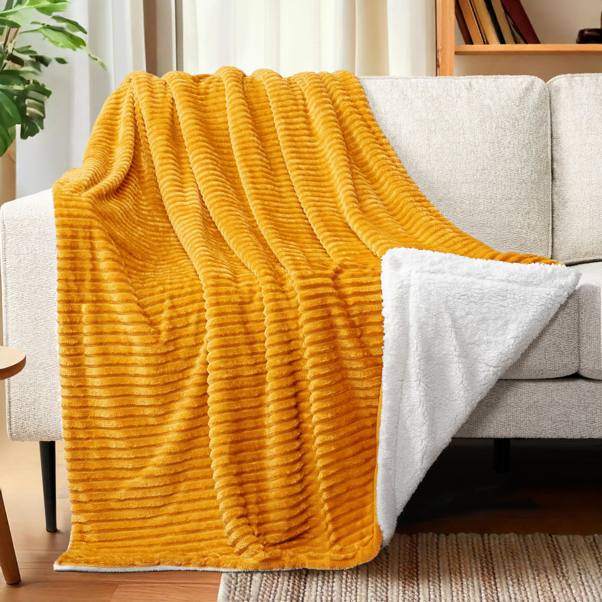 Pavilia Mustard Yellow Sherpa Fleece Throw Blanket For Couch, Soft Plush Fuzzy Blankets, Fluffy Flannel Sherpa Blanket For Sofa,