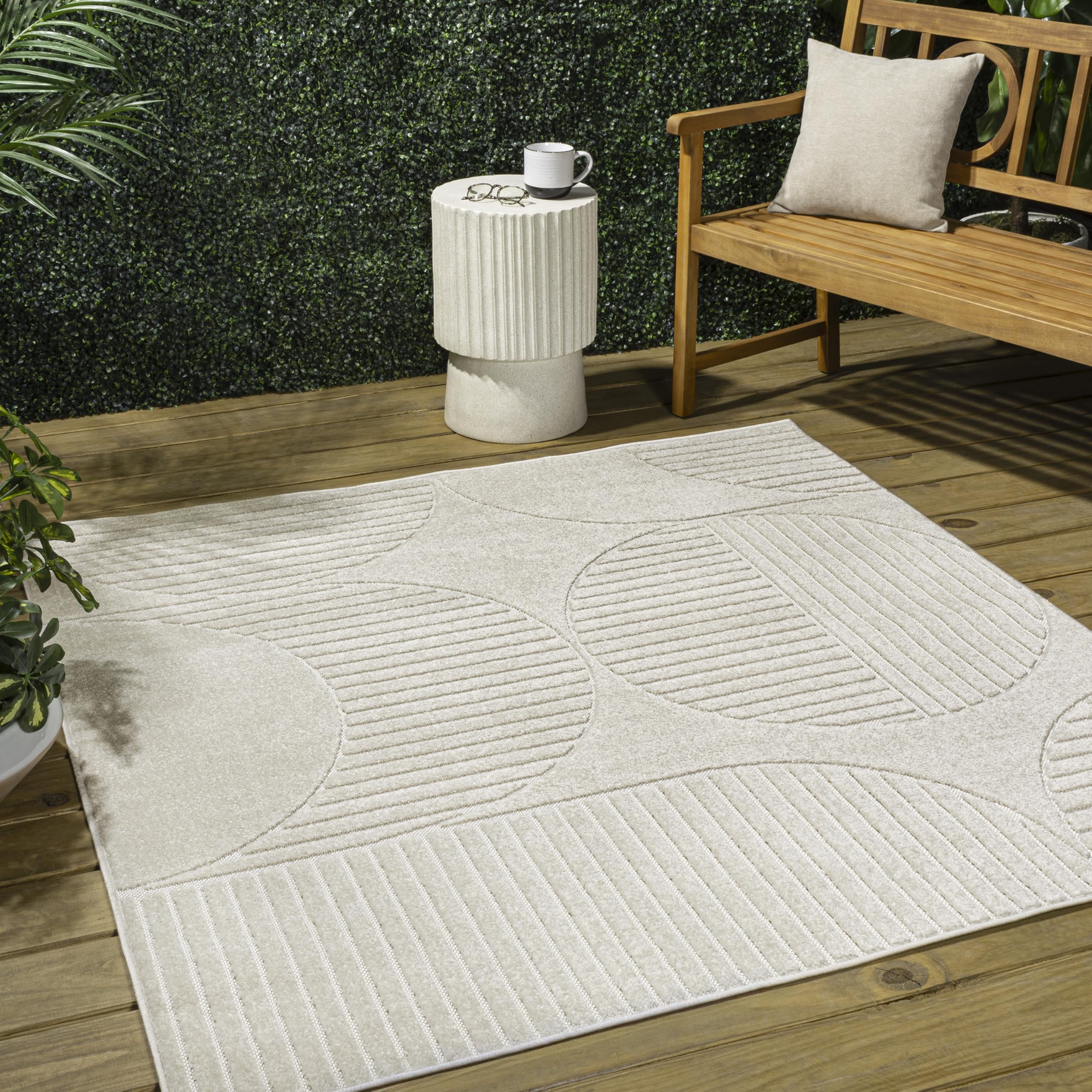 Jonathan Y Scn104B-6Sq Nordby High-Low Geometric Arch Scandi Striped Ivory/Cream 6' Square Indoor/Outdoor Area Rug, Pet Friendly