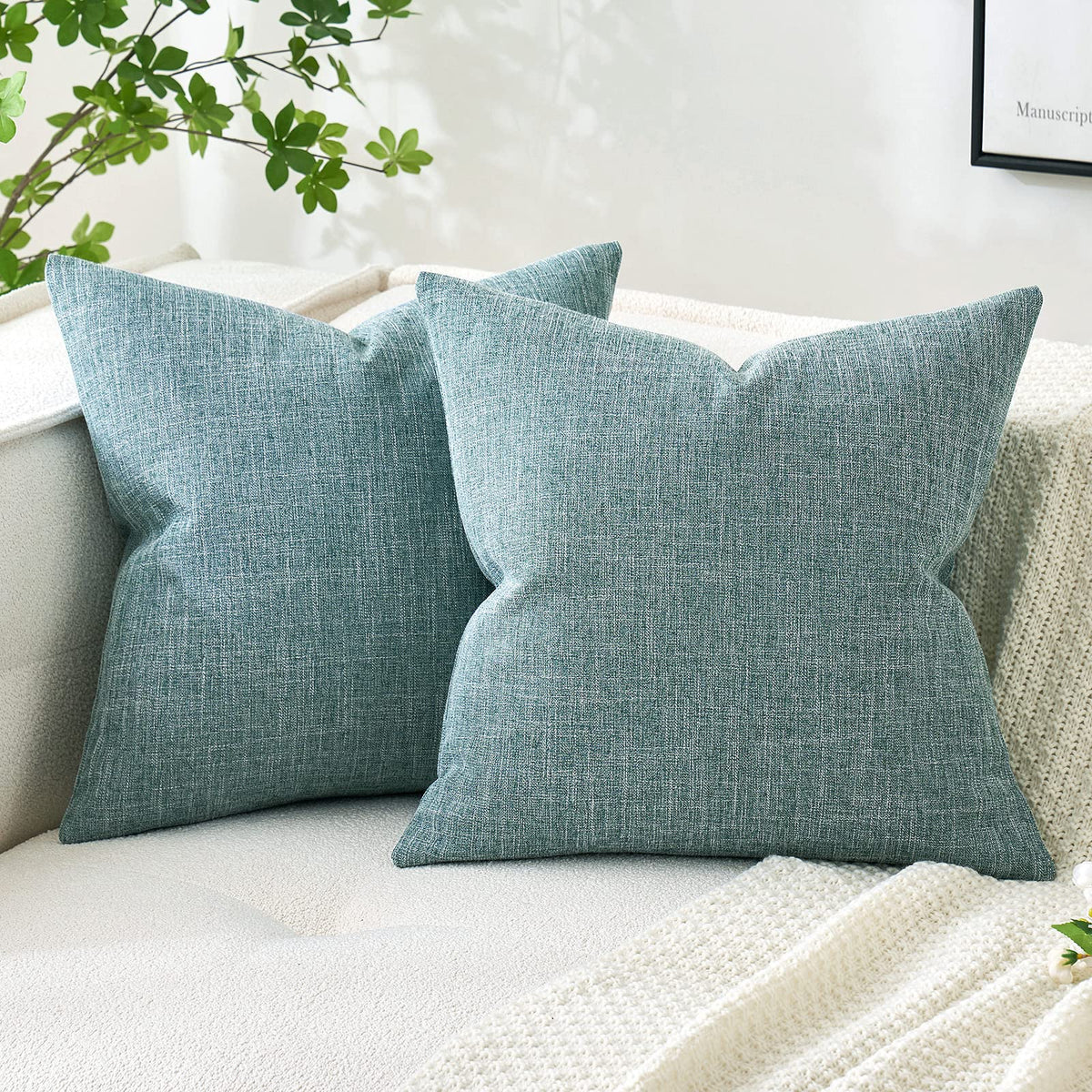 Miulee Pack Of 2 Decorative Linen Burlap Pillow Covers Square Solid Throw Cushion Case For Sofa Car Couch 18X18 Inch Teal