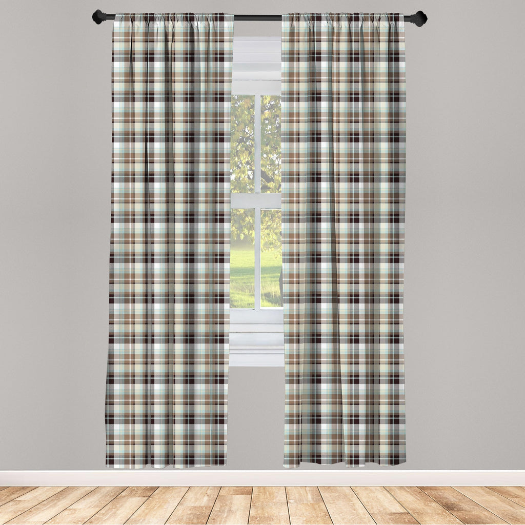 Ambesonne Brown Plaid Curtains, Brown Blue Associated Print Repeating Squares And Stripes Geometric Layout, Window Treatments 2