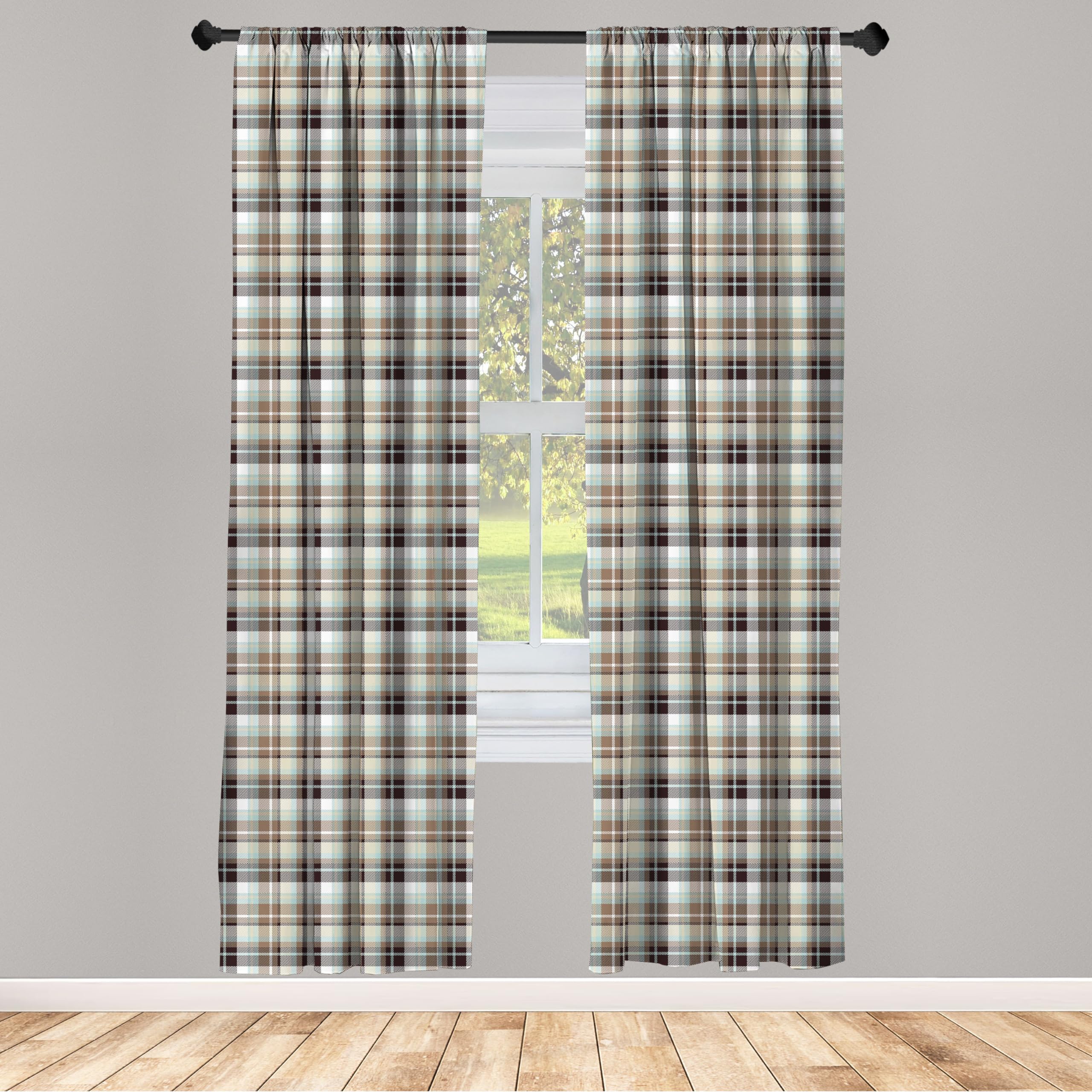 Ambesonne Brown Plaid Curtains, Brown Blue Associated Print Repeating Squares And Stripes Geometric Layout, Window Treatments 2