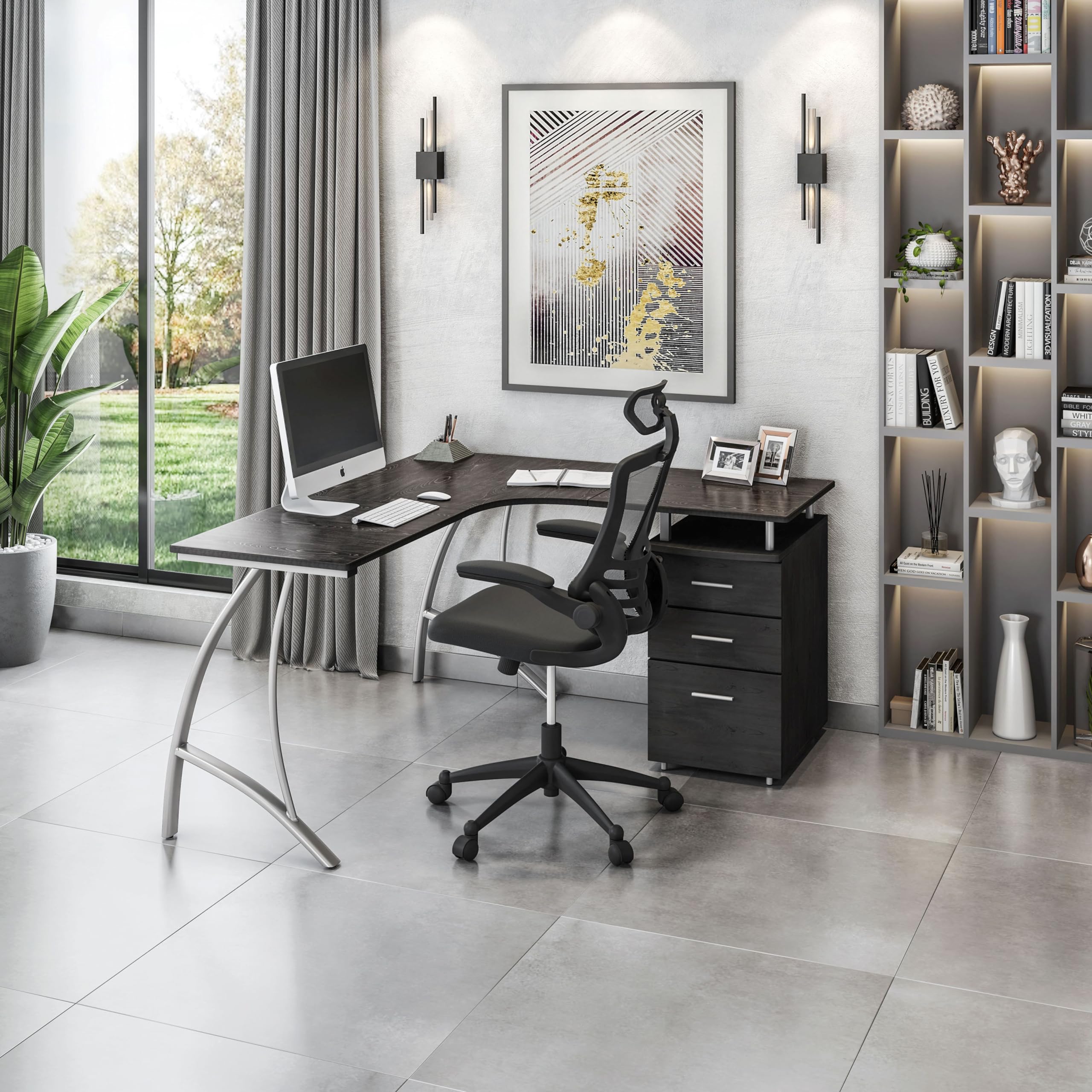 Techni Mobili Modern Computer File Cabinet and Storage L-Shaped Desk, Espresso
