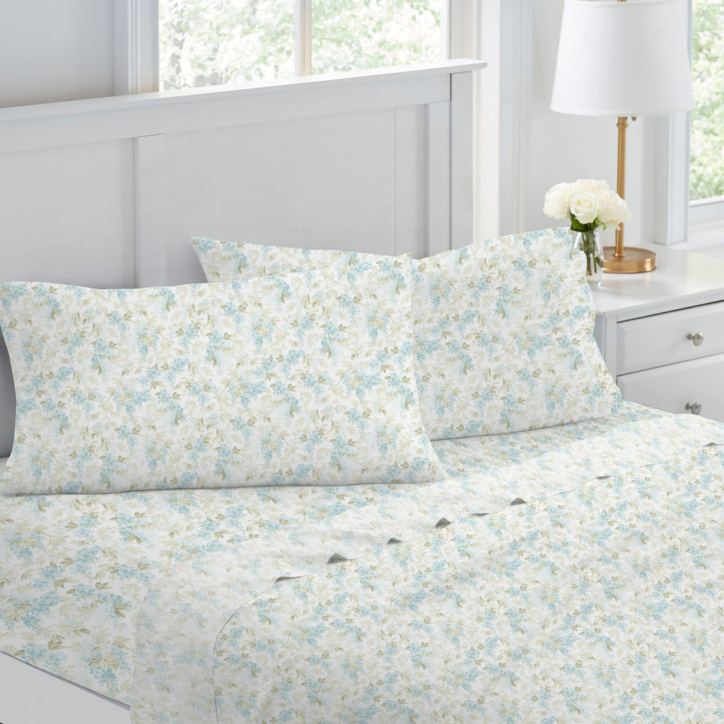 Laura Ashley - Queen Sheets, Soft Sateen Cotton Bedding Set - Sleek, Smooth, & Breathable Home Decor (Rena Teal, Queen)