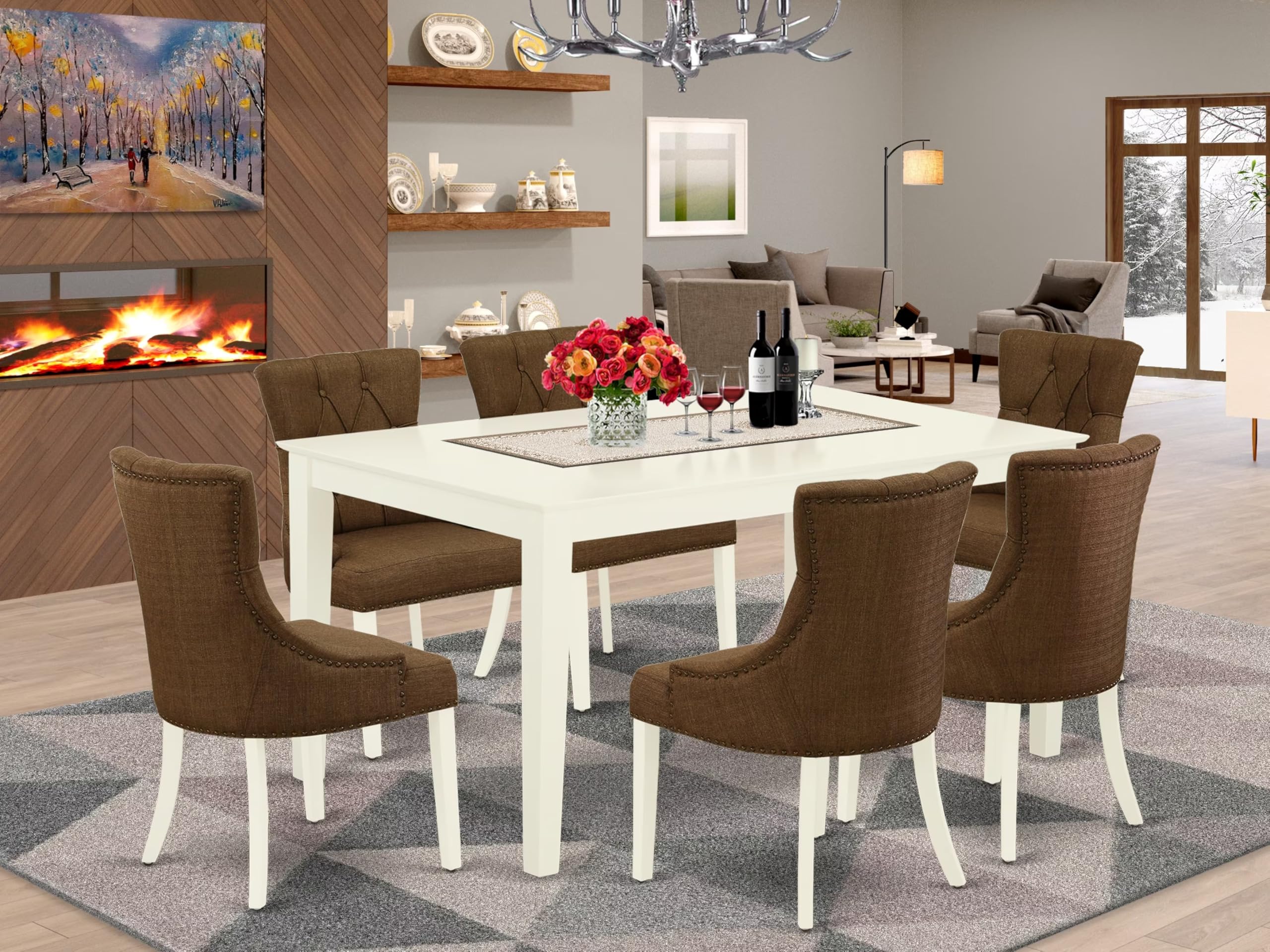 East West Furniture Cafr7-Lwh-18 7 Piece Modern Dining Table Set Consist Of A Rectangle Wooden Table And 6 Brown Linen Linen Fabric Upholstered Chairs, 36X60 Inch, Linen White