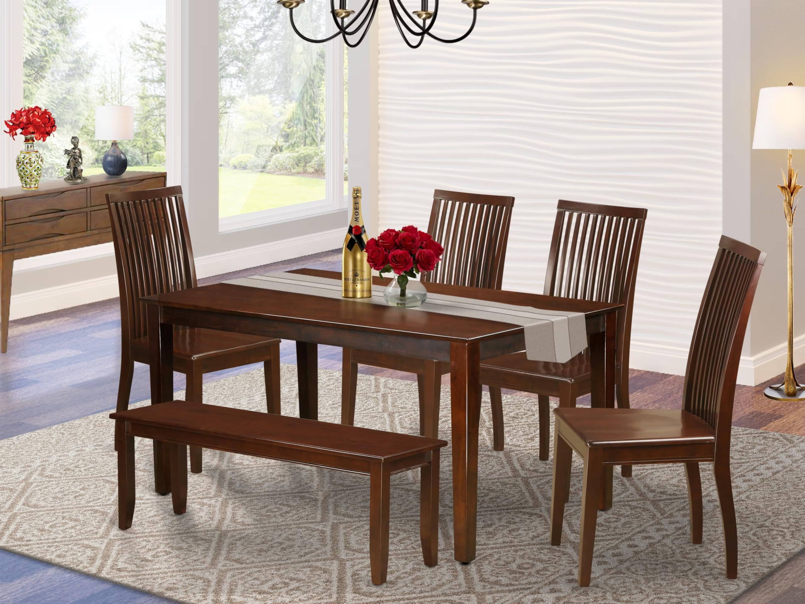 East West Furniture Caip6-Mah-W 6 Piece Dining Room Table Set Contains A Rectangle Kitchen Table And 4 Dining Chairs With A Bench, 36X60 Inch, Mahogany