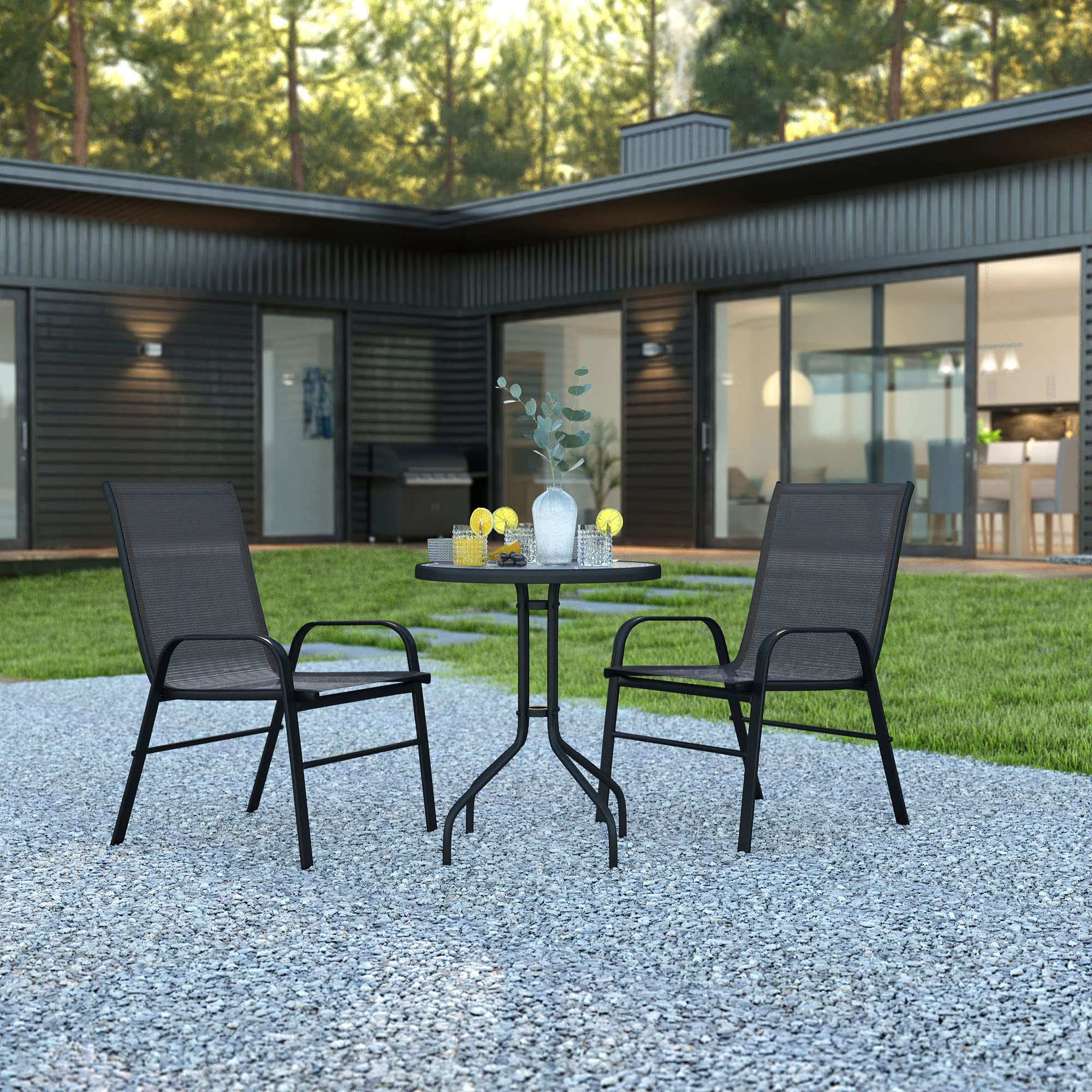 Flash Furniture 2 Flex Comfort Stack Chairs, 23.75" Round Tempered Glass Patio Table, Black